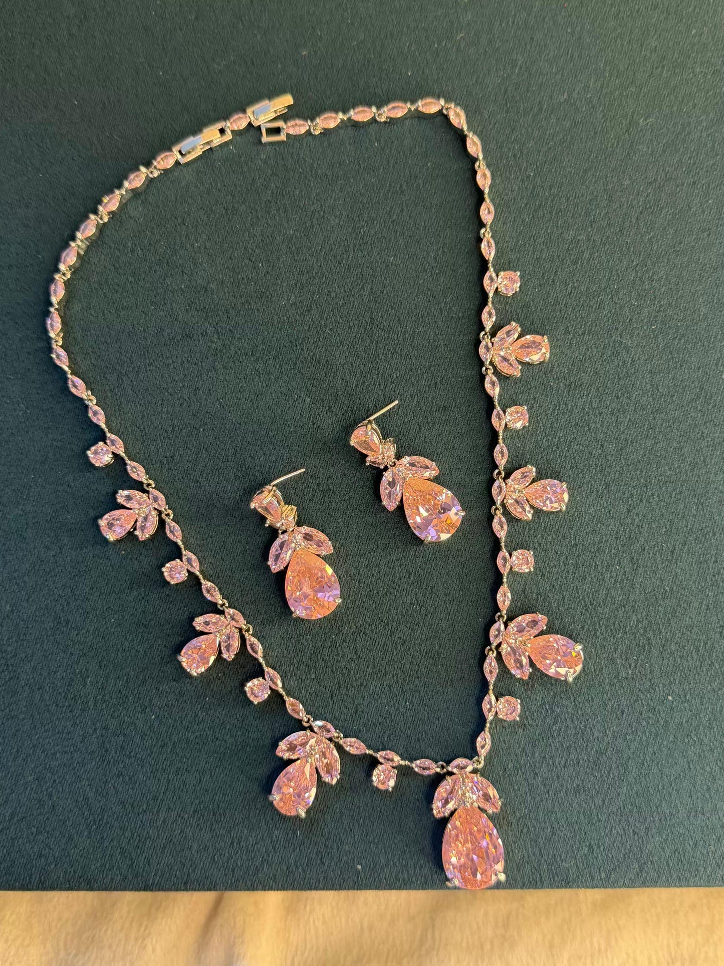 Pink Floral Rhodium Plated Necklace Set with Earrings
