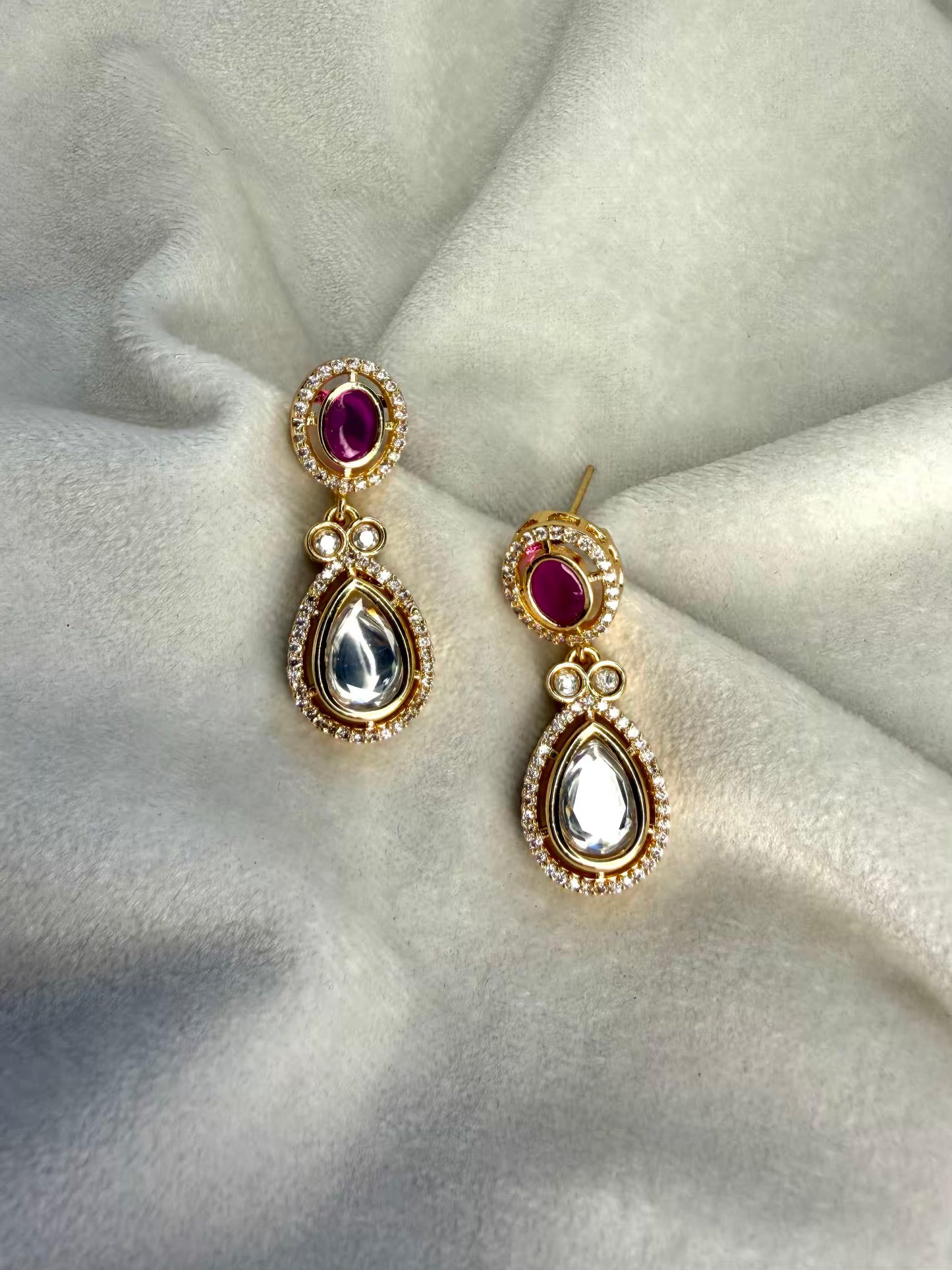 Ruby Pink Kundan Drop Gold Plated Earrings