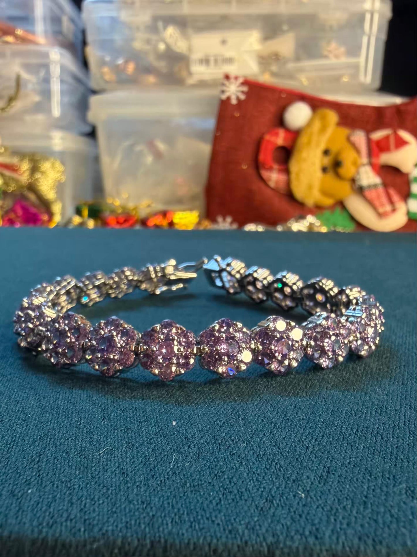 Purple Floral Cluster Silver Plated Tennis Bracelet