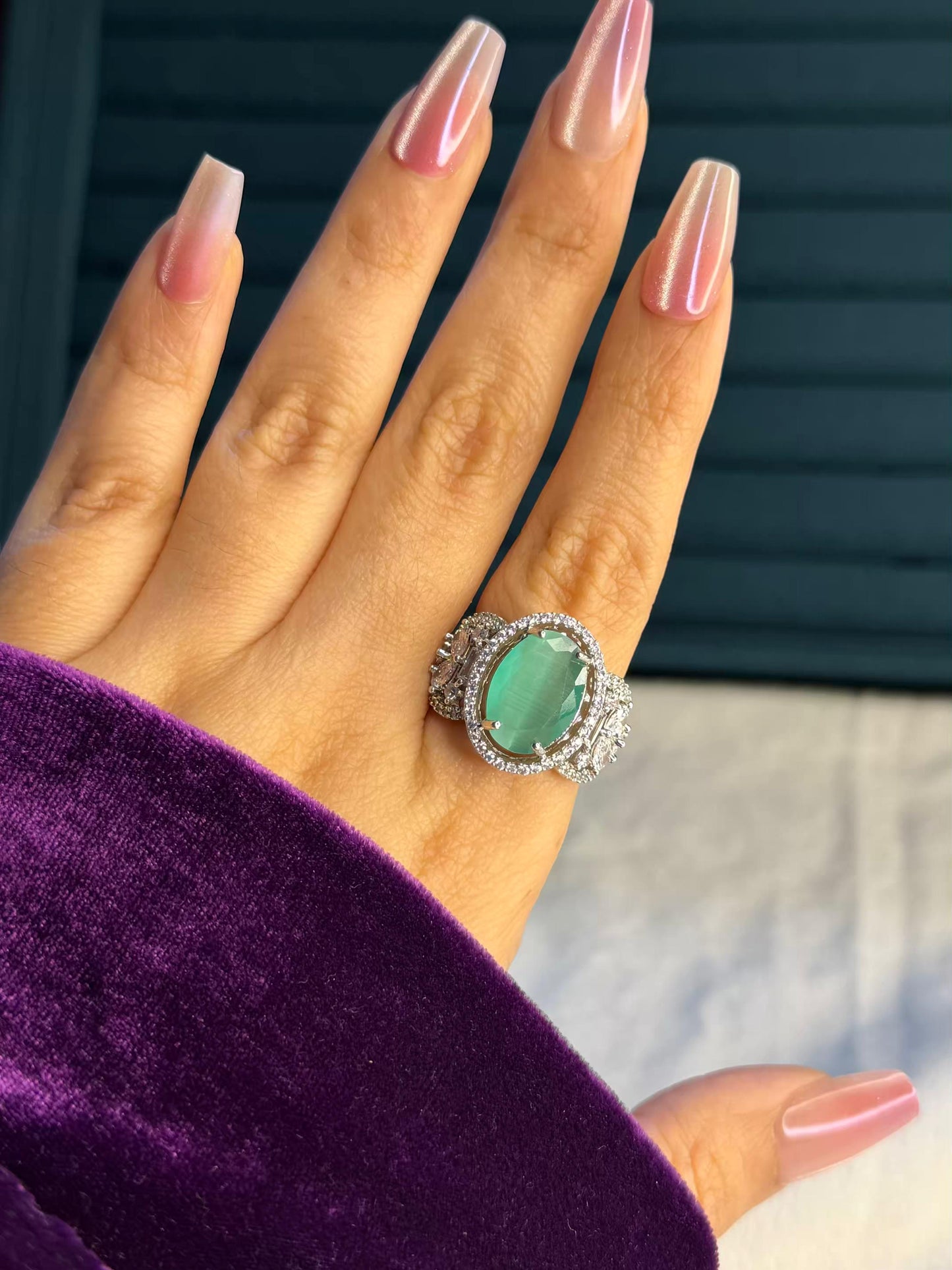 Pastel Green Empress Silver Plated Premium Ring (Adjustable)