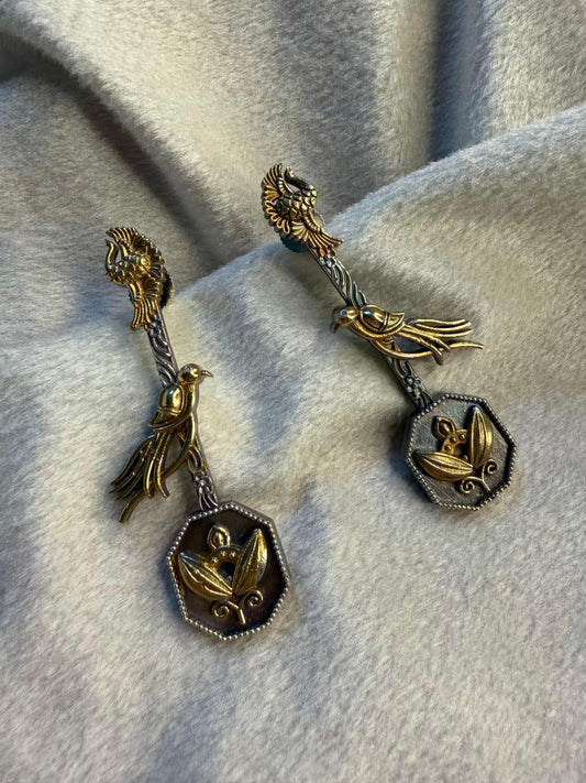 Gold & Silver Bird Motif Statement Gold Plated Earrings
