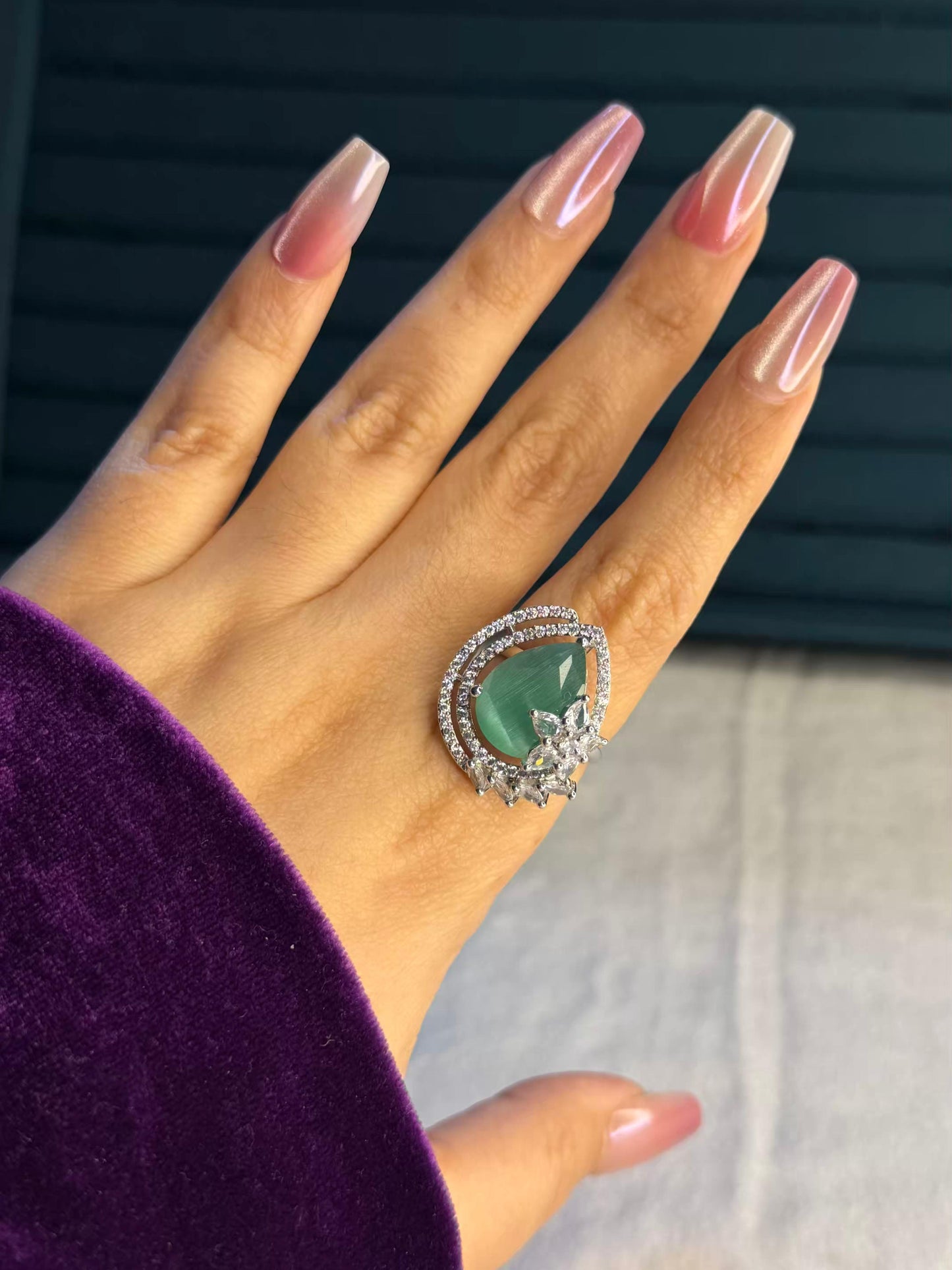 Pastel Green Stone Silver Plated Premium Ring (Adjustable)