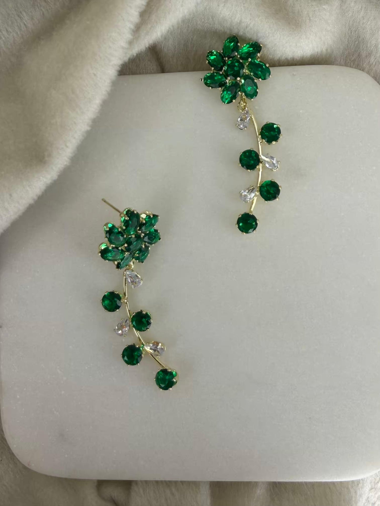 Green Flower Shaped Gold Plated Earrings