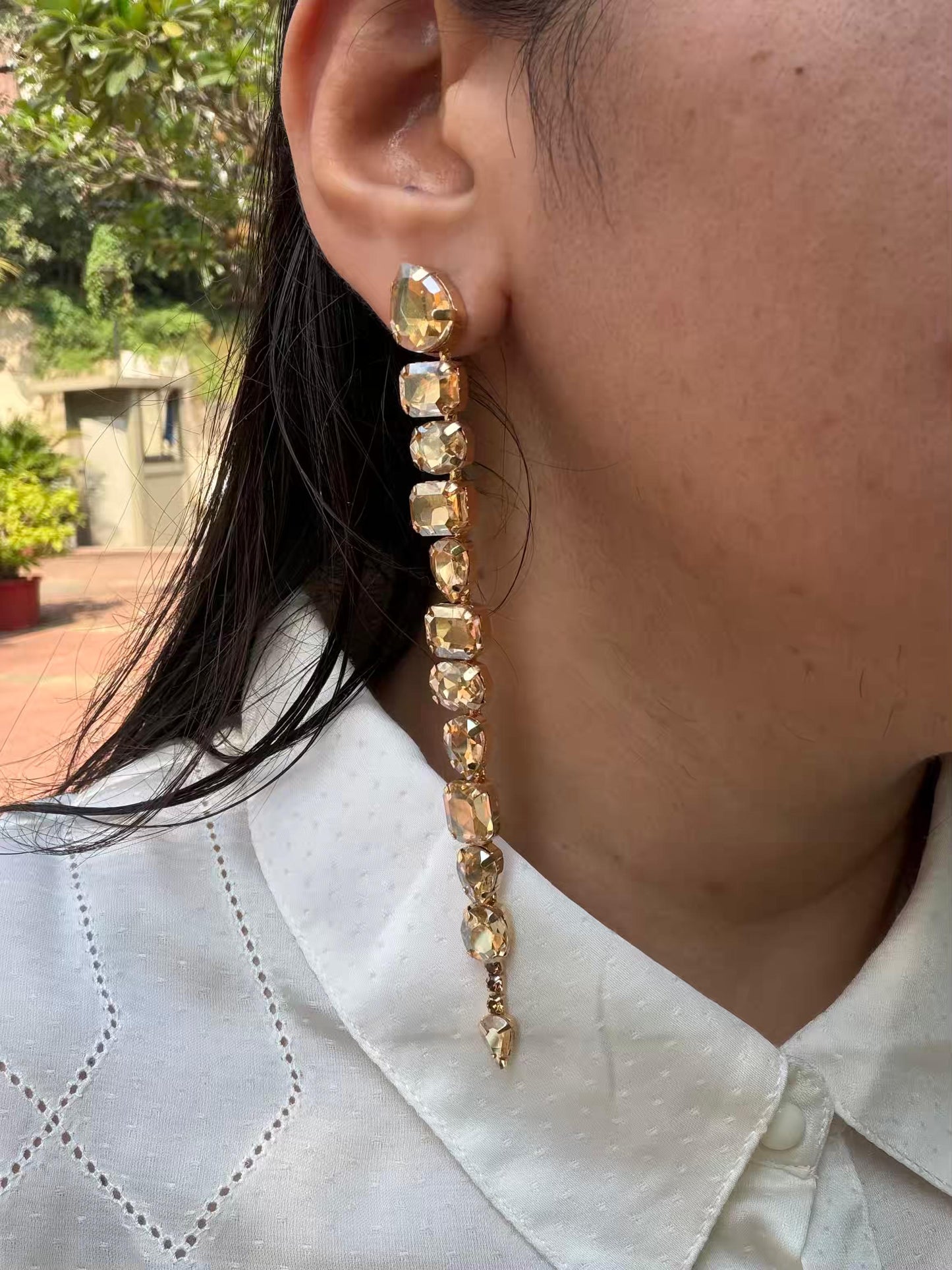 Golden Multi Shape Layers Long Gold Plated Earrings