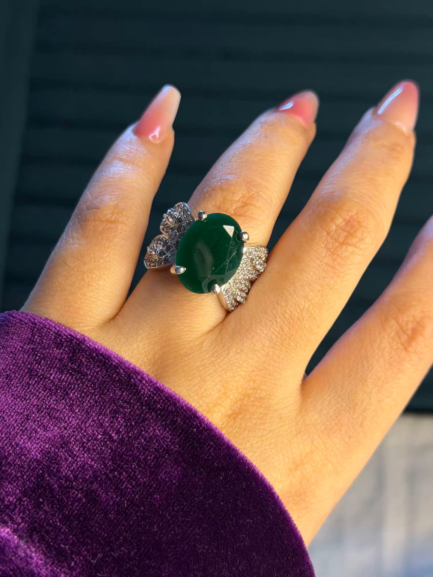 Emerald Green Oval Big Silver Plated Size 7 Us Ring