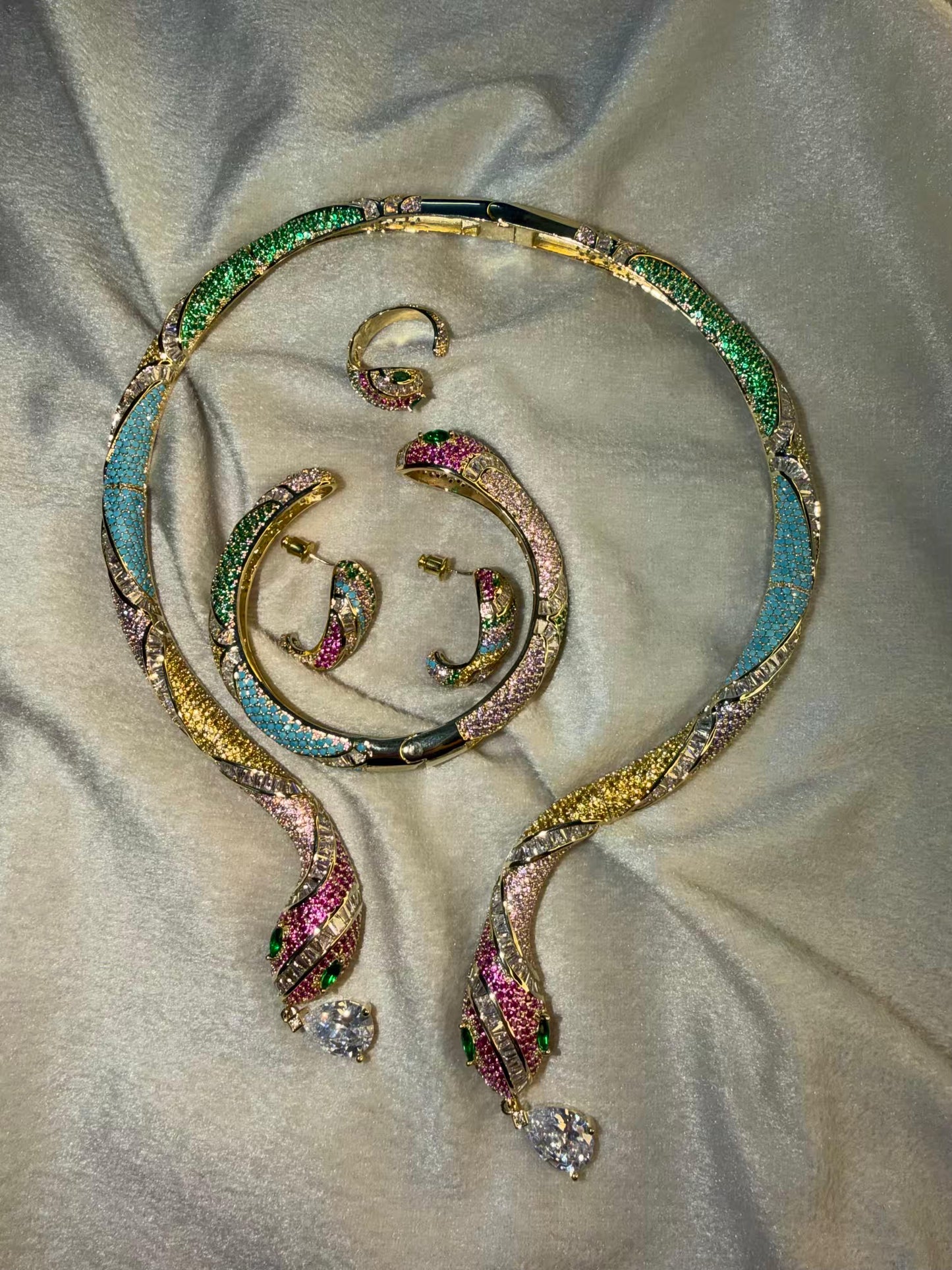 Serpentine Multicoloured Necklace, Bracelet, Earrings and Ring Full set Premium Gold Rhodium