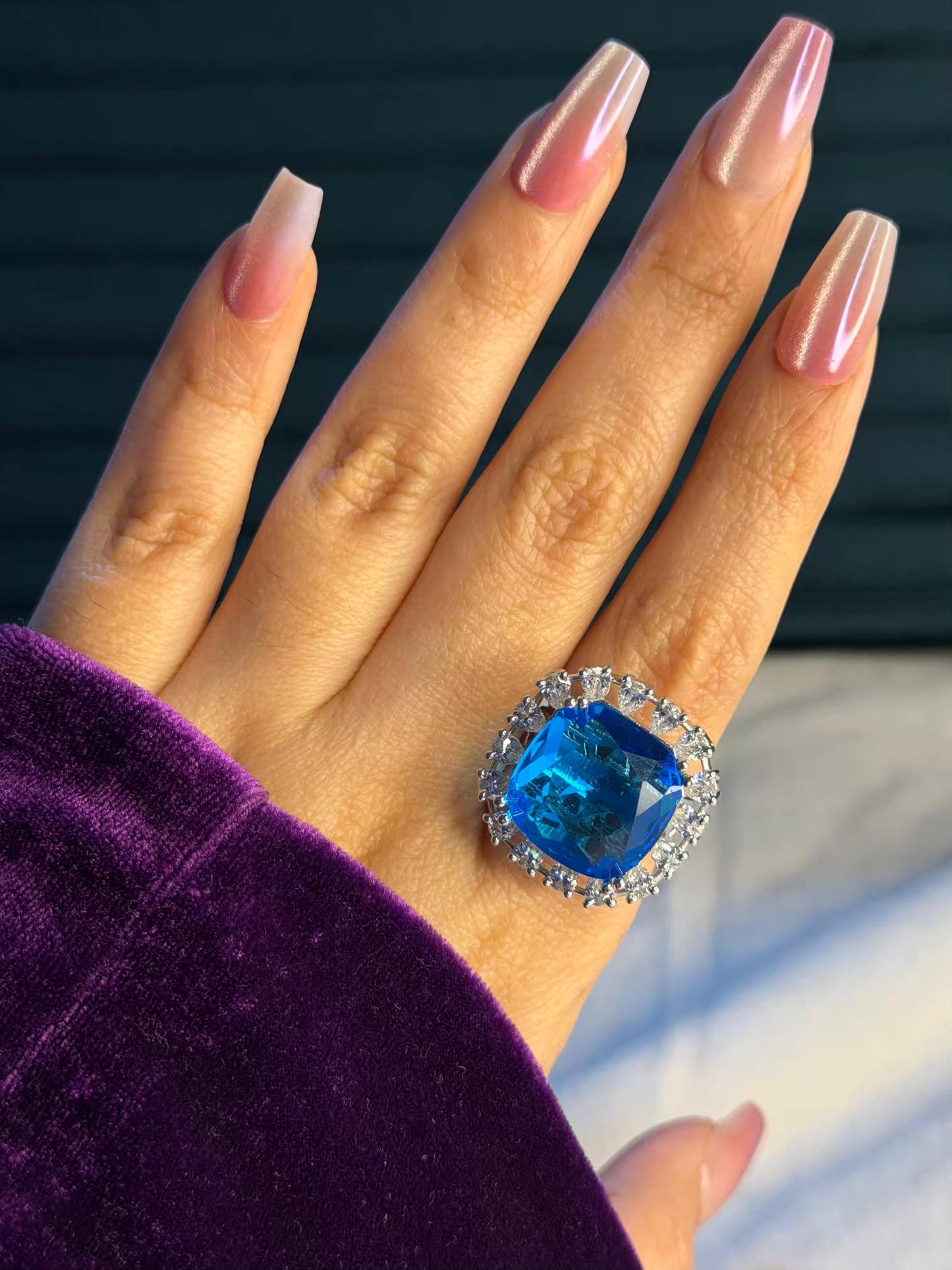 Aqua Blue Square Statement Silver Plated Premium Ring (Adjustable)