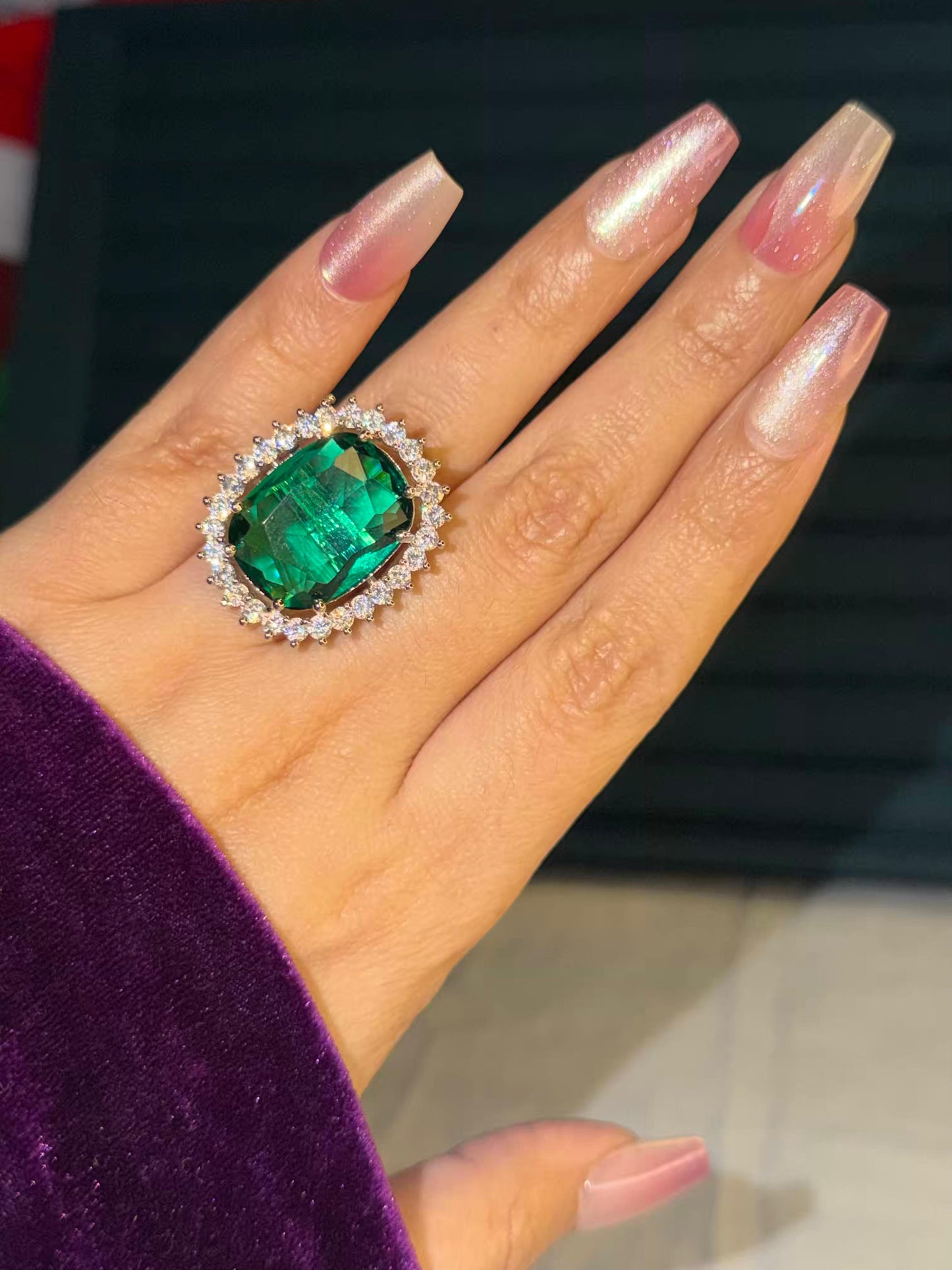 Emerald Green Big Stone Statement Silver Plated Premium Ring (Adjustable)