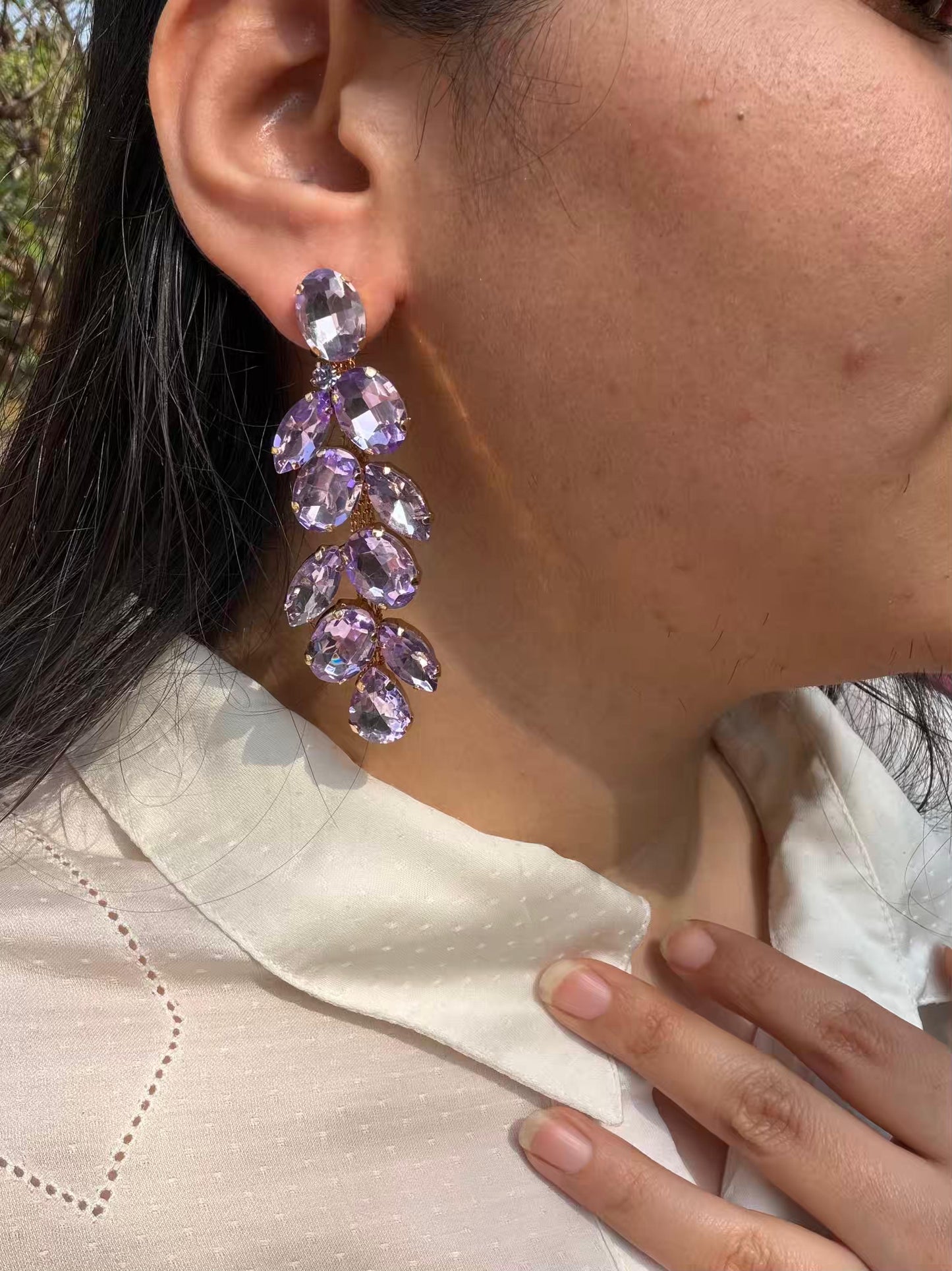 Purple Waterdrop Shaped Stones Long Gold Plated Earrings