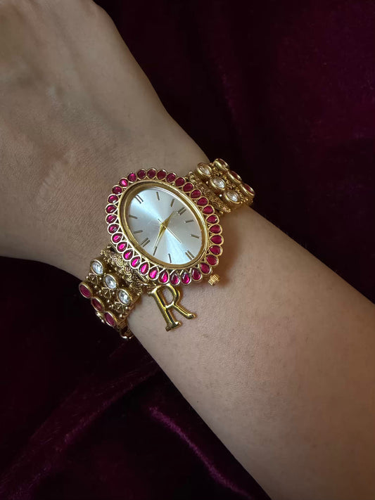 Oval Dial Maharani Bracelet Watch Rakhi in Premium Swarovski – Gold & Ruby Pink