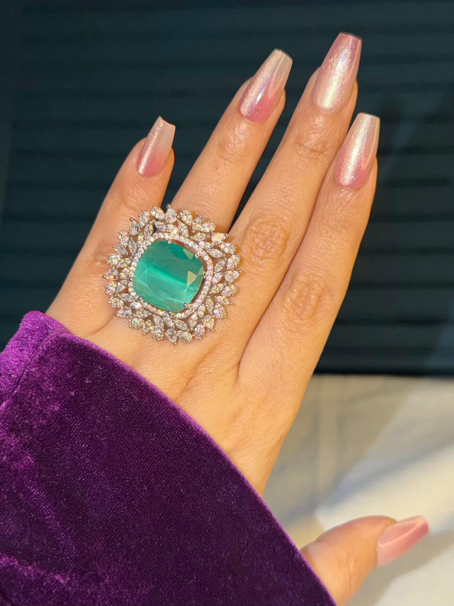 Emerald Auror Silver Plated Premium Ring (Adjustable)