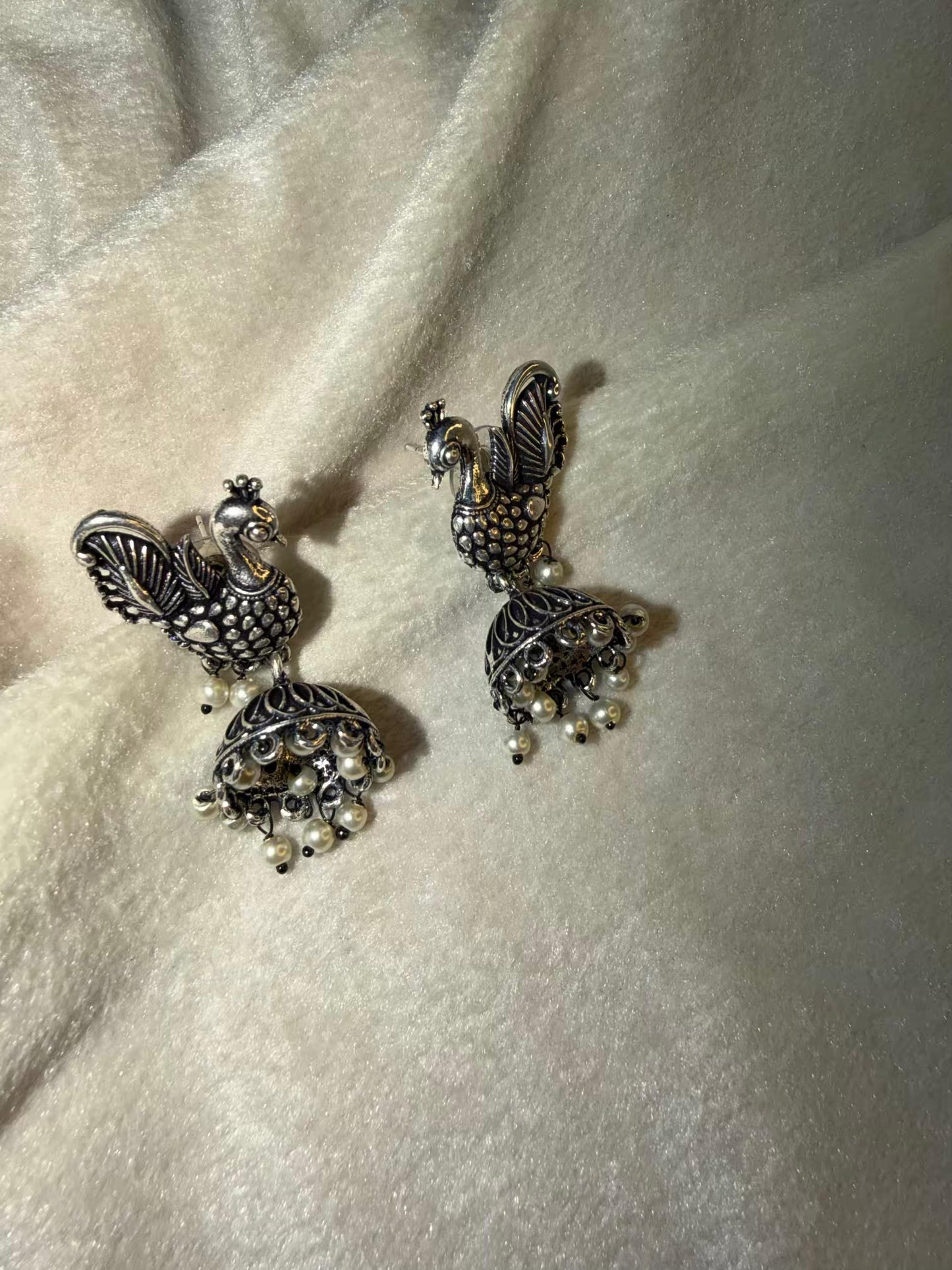 Peacock Pearl Jhumka Oxidised Silver Earrings