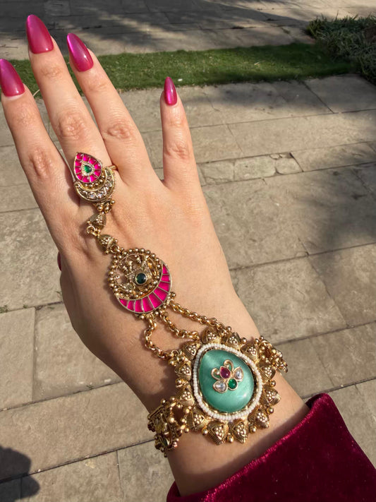 Nita Ambani Haath Phool Premium Work Royal Emerald Pink Antique Design Pair of Haath Phool