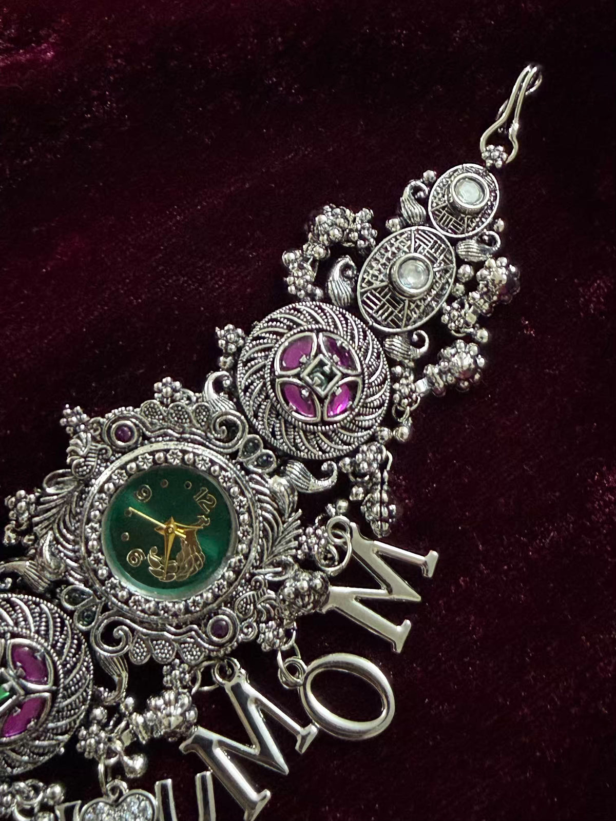 I Love You Mom Emerald Greqen Round Dial Silver Oxidised Peacock Charm Maharani Watch Bracelet