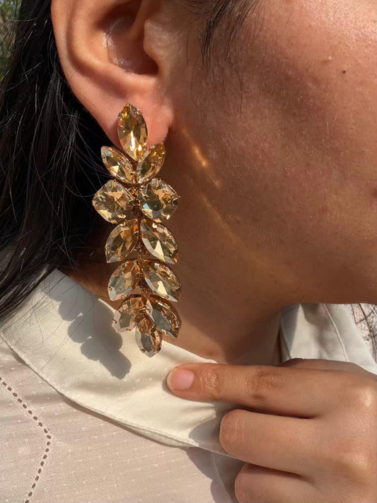 Golden Waterdrop Shaped Stones Long Gold Plated Earrings