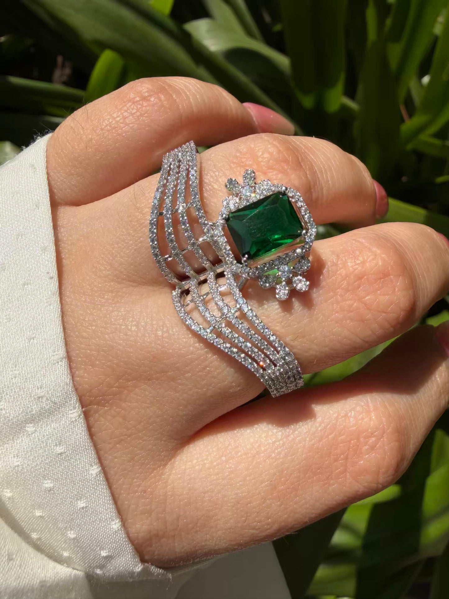 Cocktail Green Stone Silver Plated Rings