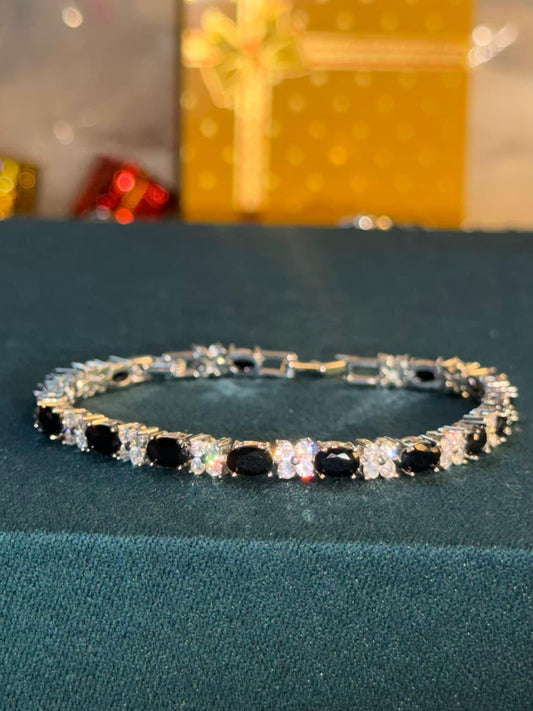 Black & White Oval Contrast Silver Plated Tennis Bracelet