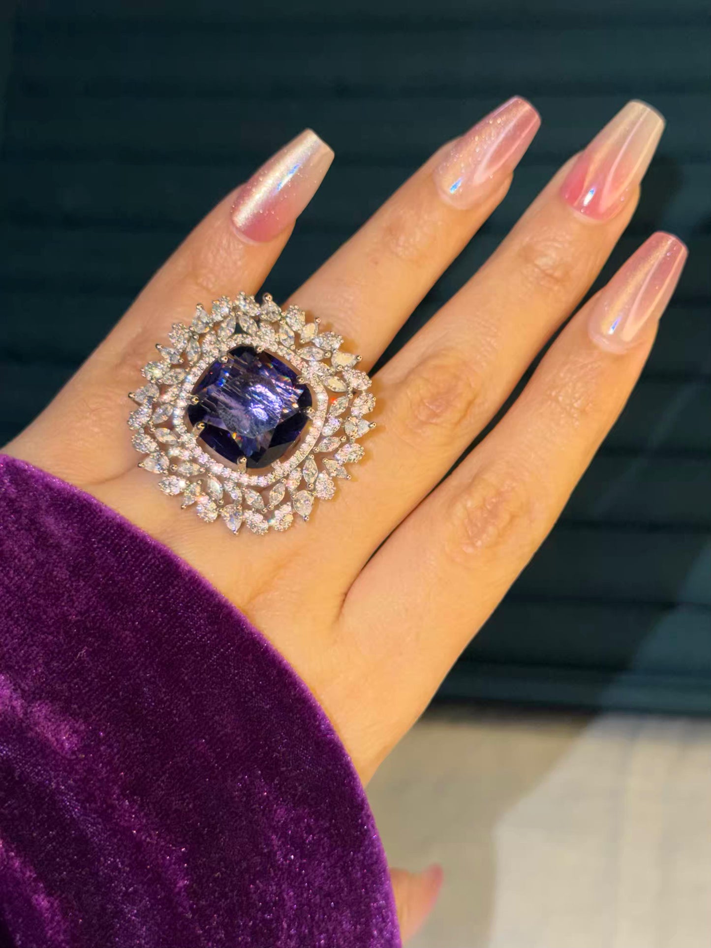 Purple Crystal Petals Edge Silver Plated Premium Ring (Adjustable)