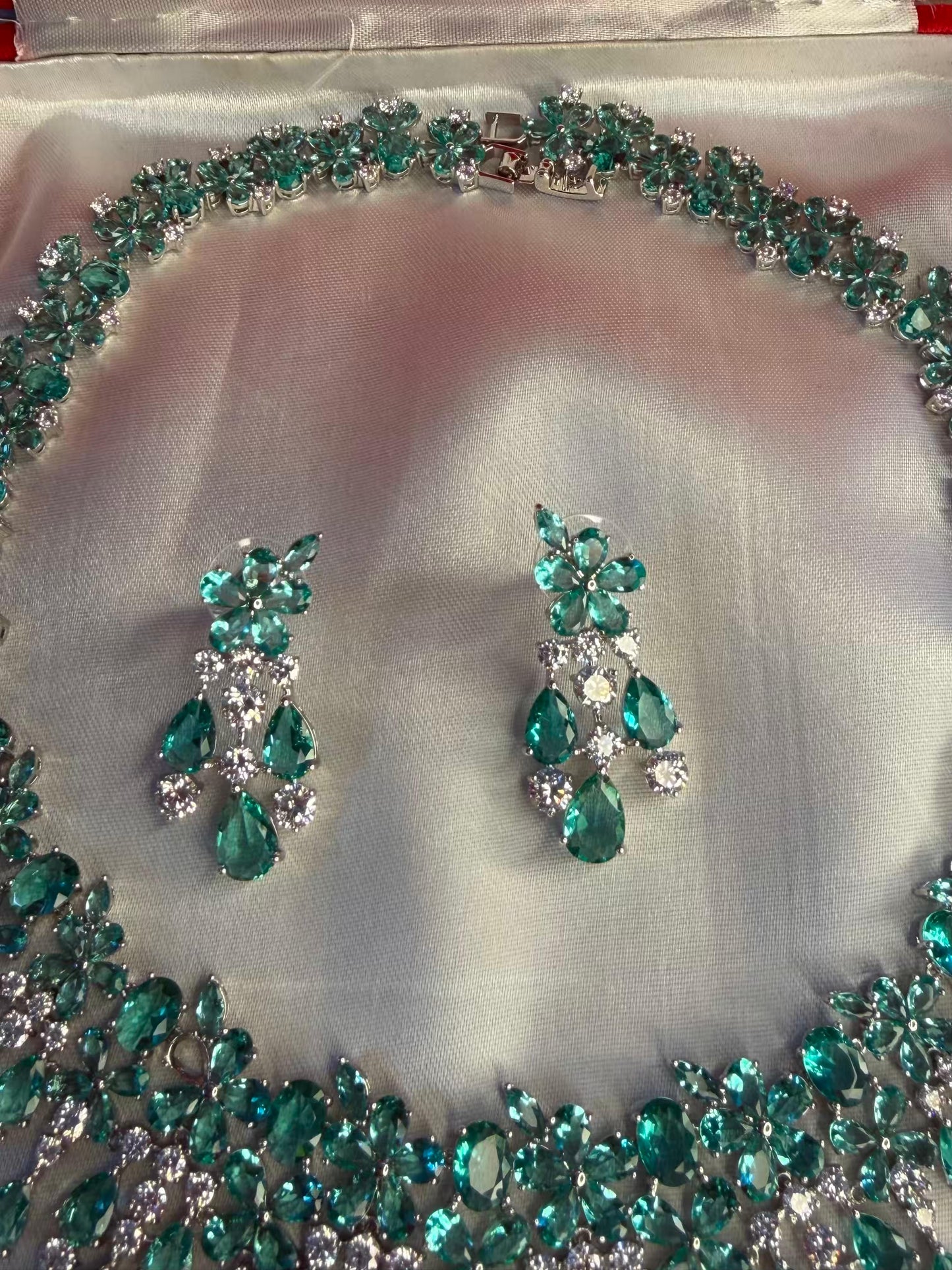 Turquoise Princess Cocktail Party Necklace Set with Earrings - Rhodium Silver Plated