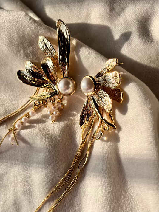 Half Pearl Dangles Studds Earrings 18K Gold Plated Premium Earrings