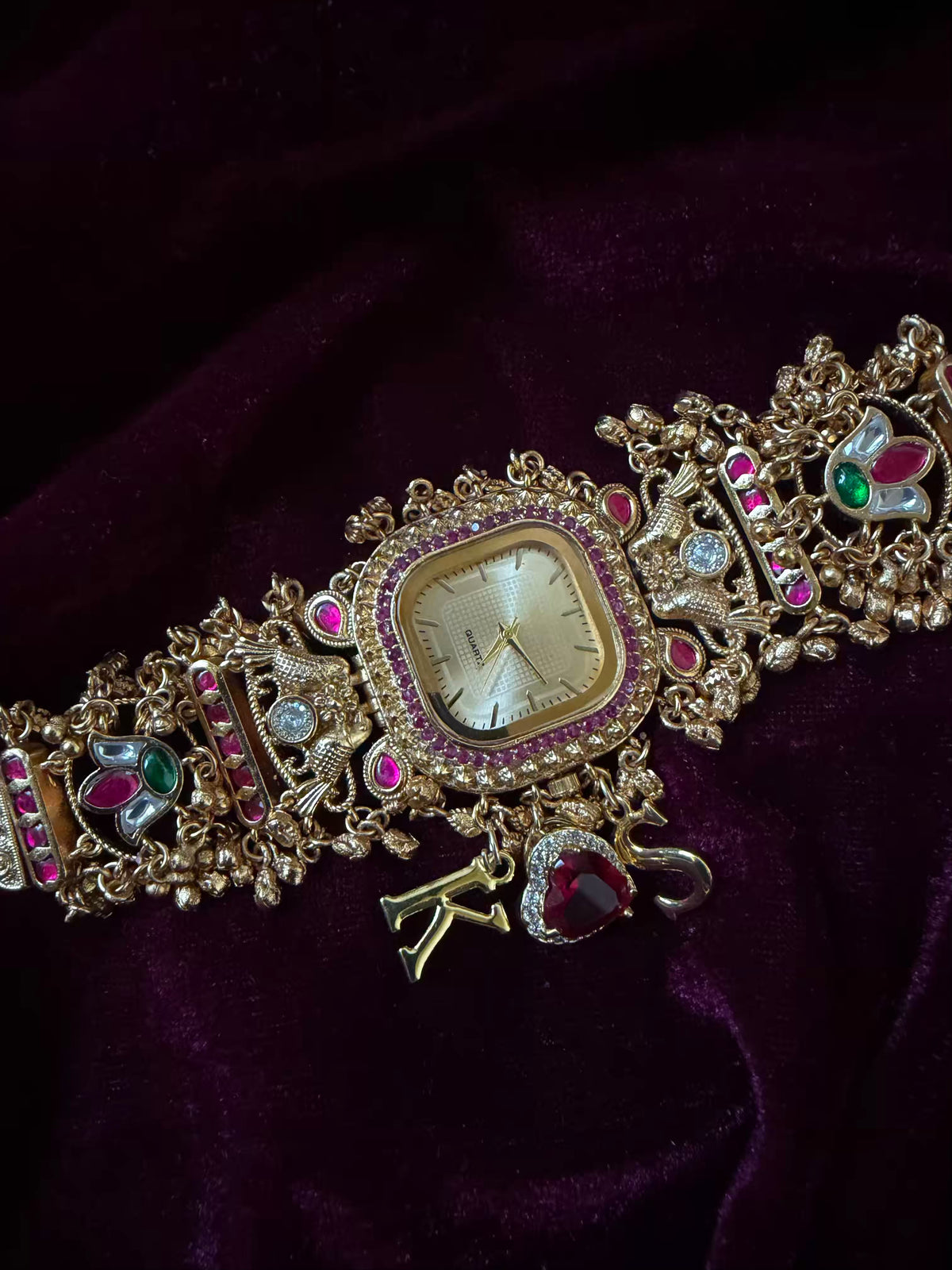 Ruby Heart Charm Golden Square Dial Maharani Watch Bracelet