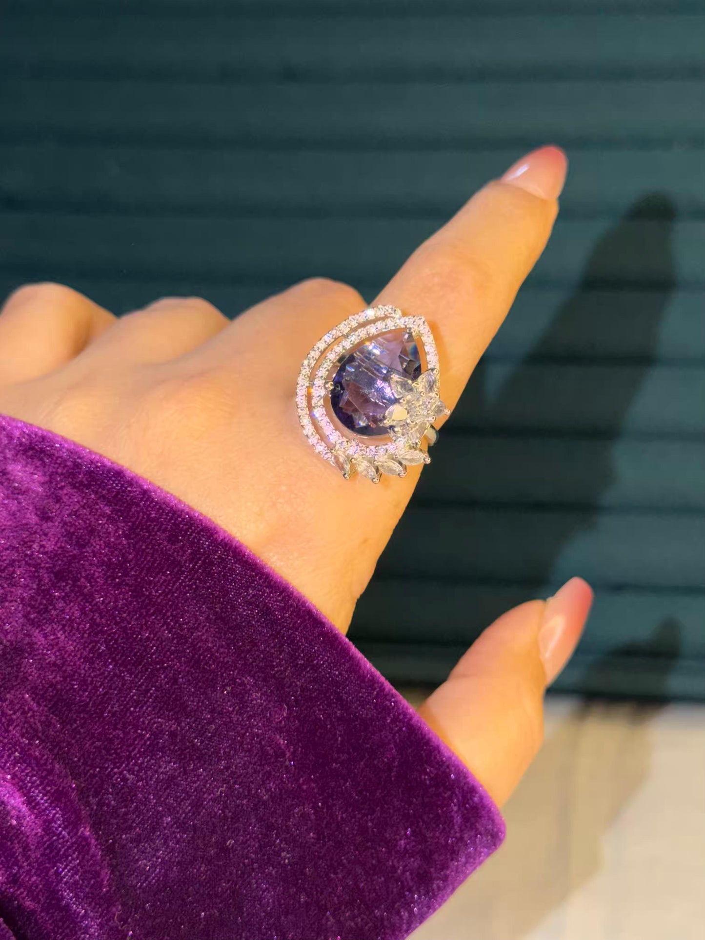 Purple Crystal Floral Silver Plated Premium Ring (Adjustable)