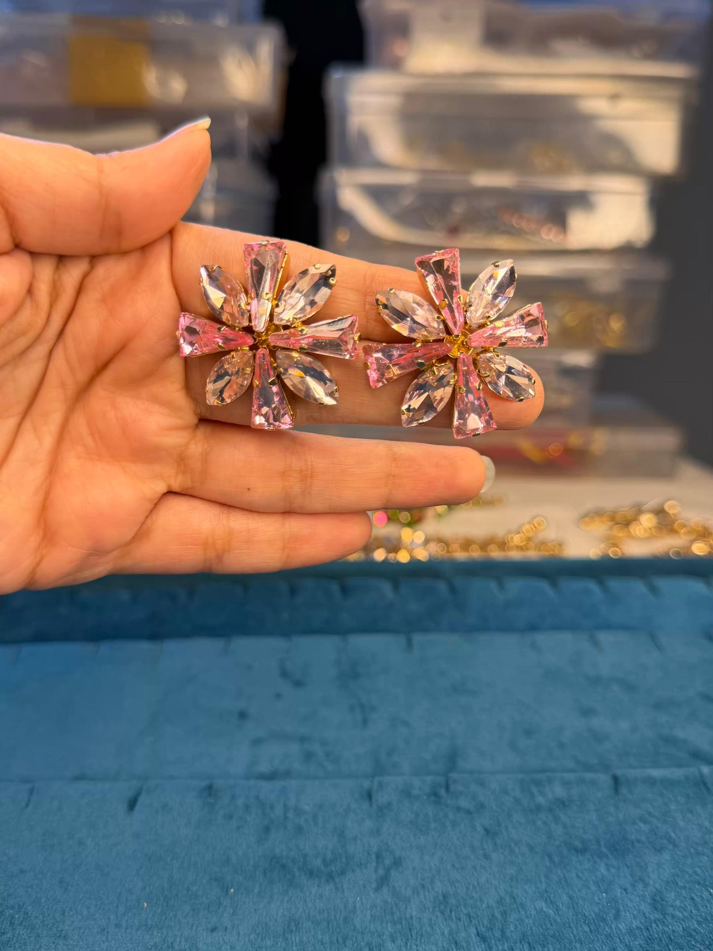 Pink Colour Flower Gold Plated Earrings