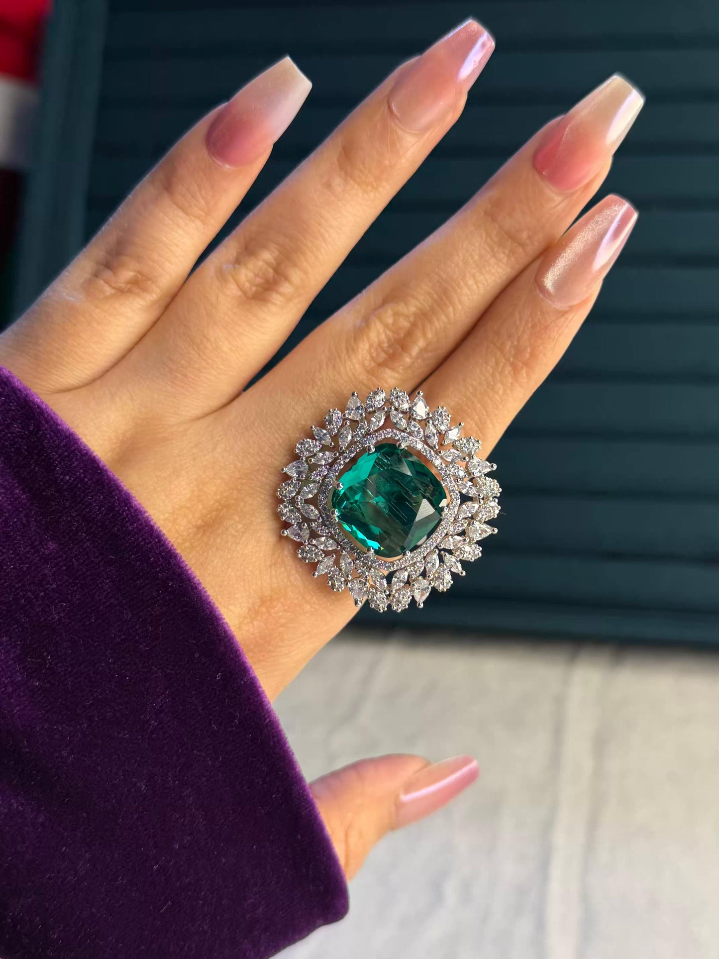 Green Square Diamond Edge Statement Silver Plated Premium Ring (Adjustable)