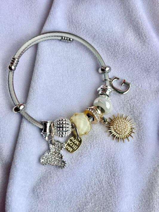 Pandora Charms Sunflower Bracelet With Customised Initial  ( Silver )