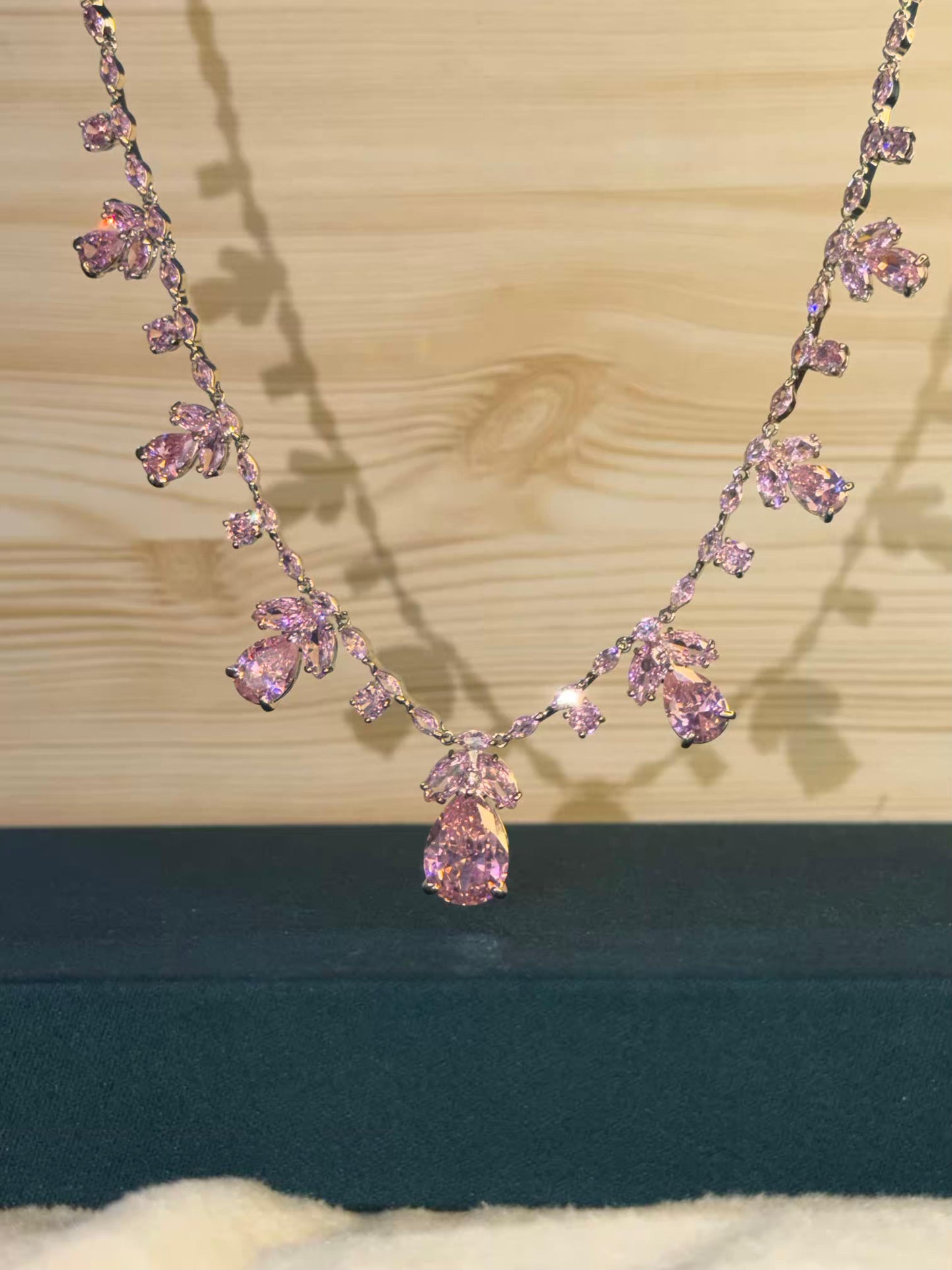 Pink Floral Rhodium Plated Necklace Set with Earrings