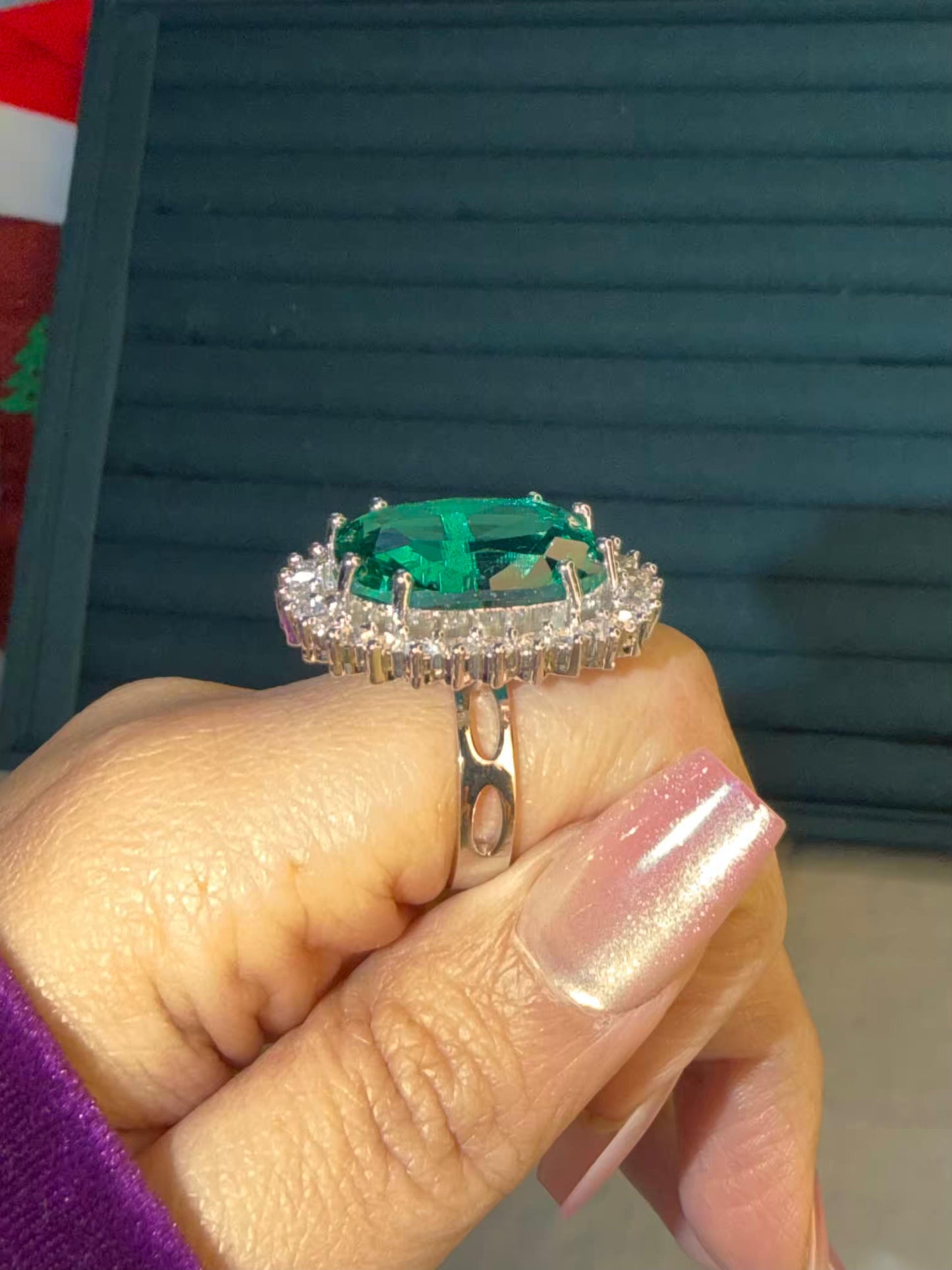 Emerald Green Big Stone Statement Silver Plated Premium Ring (Adjustable)