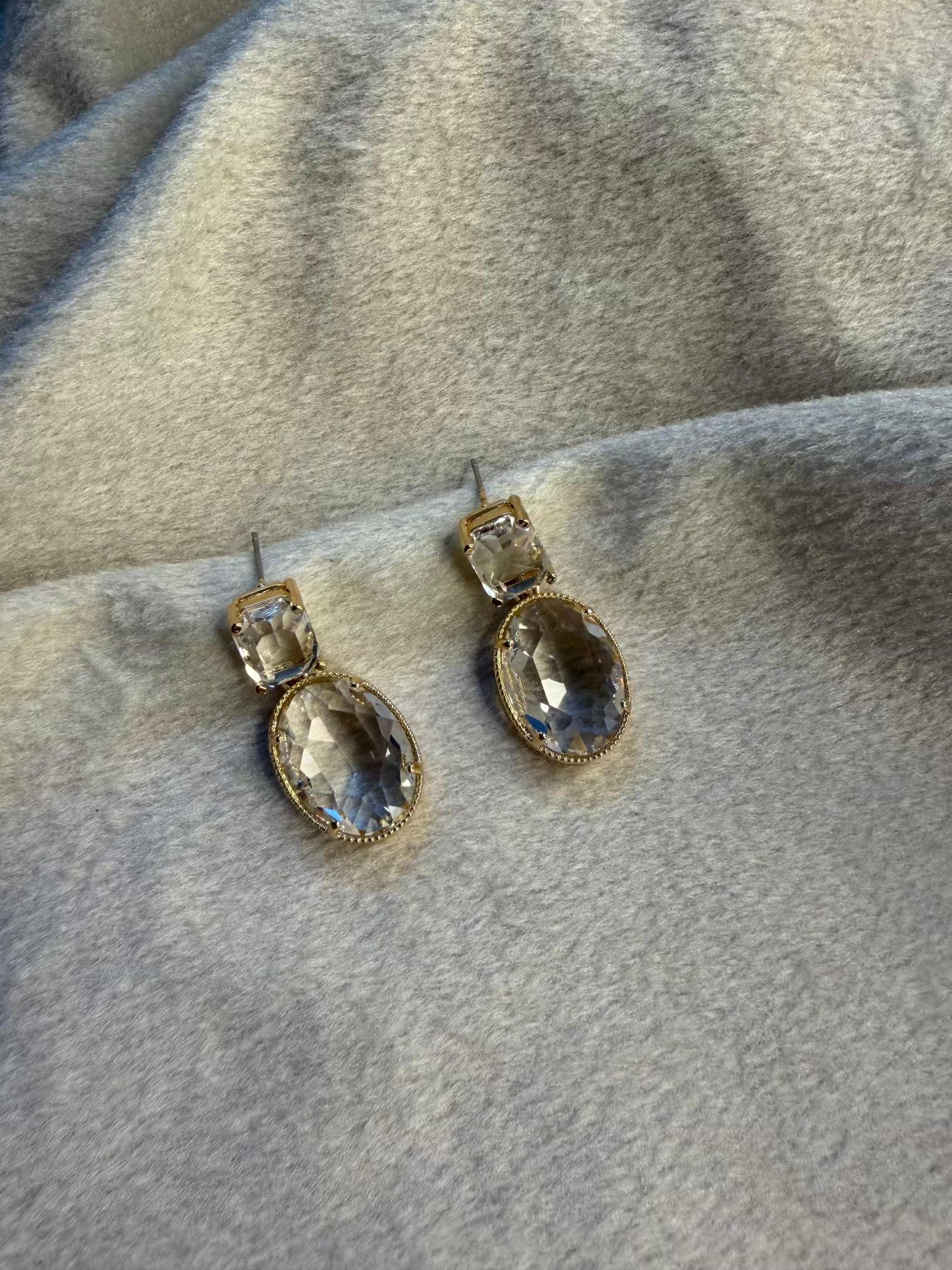 Clear Crystal Oval Drop Gold Plated Earrings