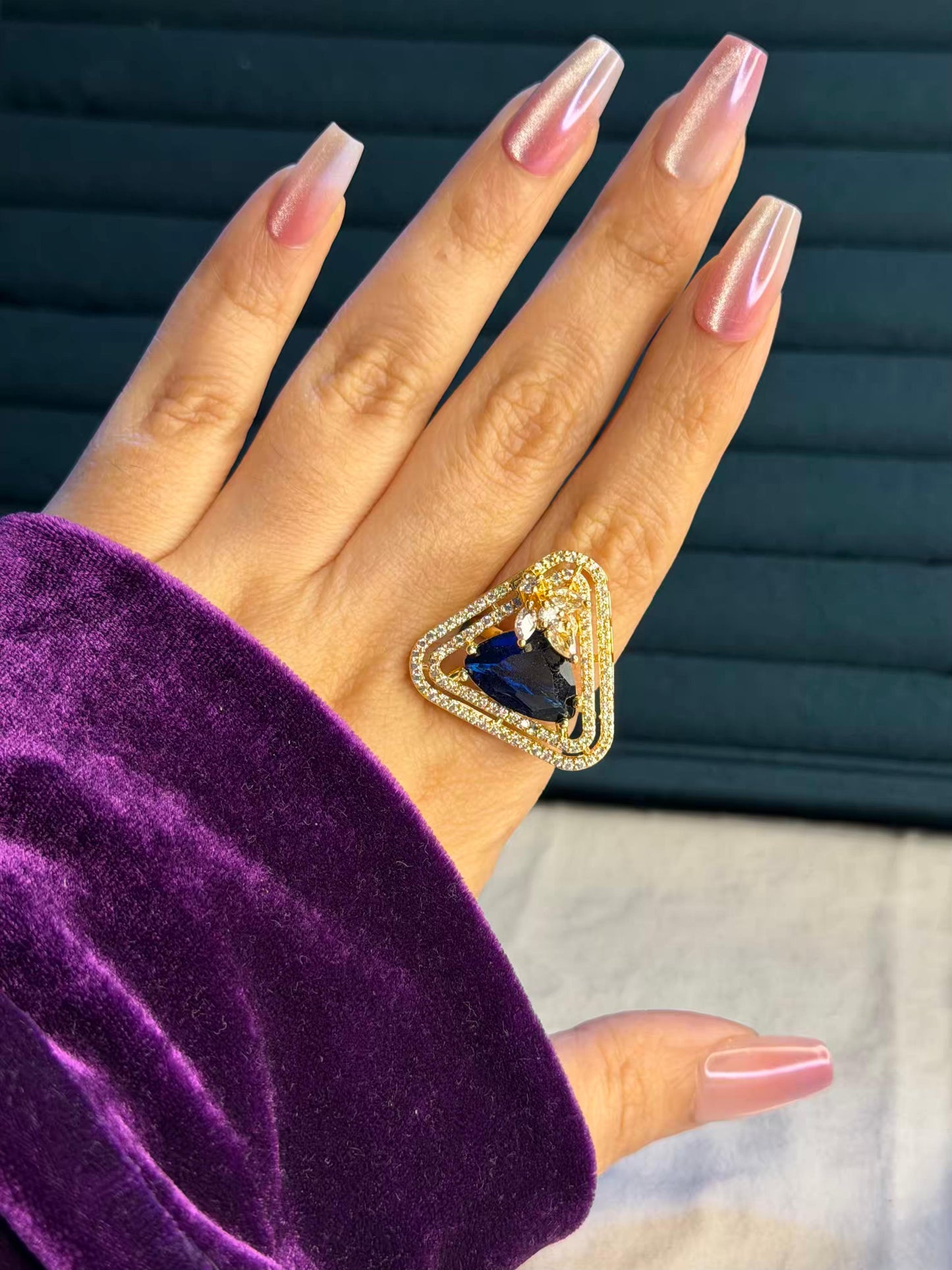 Dark Blue Triangle Diamond Silver Plated Premium Ring (Adjustable)