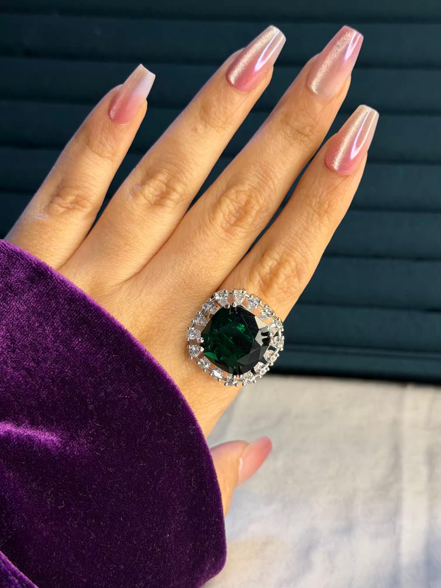 Emerald Green Square Diamond Silver Plated Premium Ring (Adjustable)