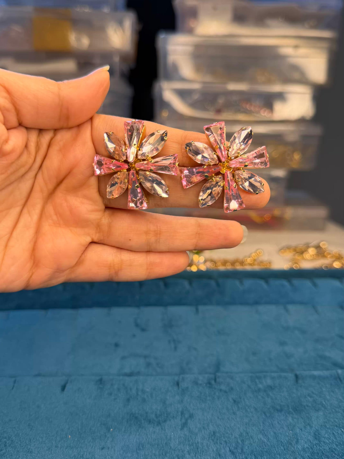 Pink Colour Flower Gold Plated Earrings