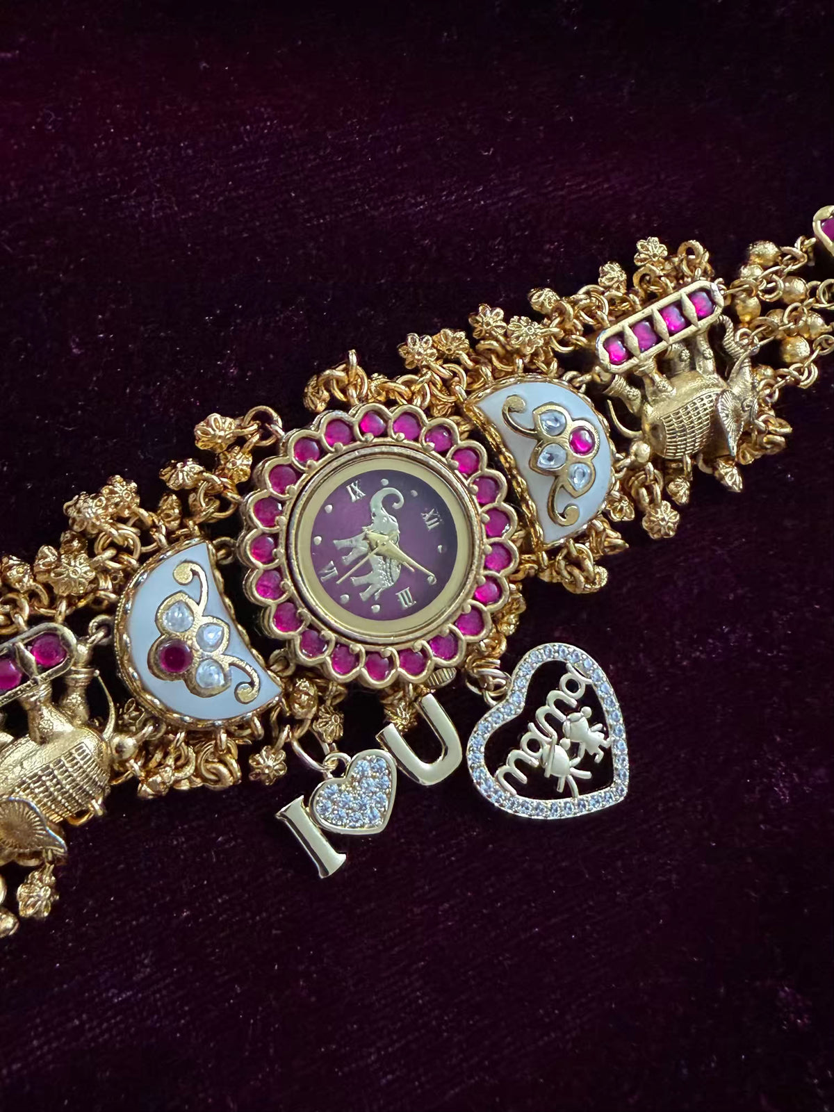 I Love You Mama Pink Stone Elephant Heritage Watch with Initials – Maharani Watch Bracelet