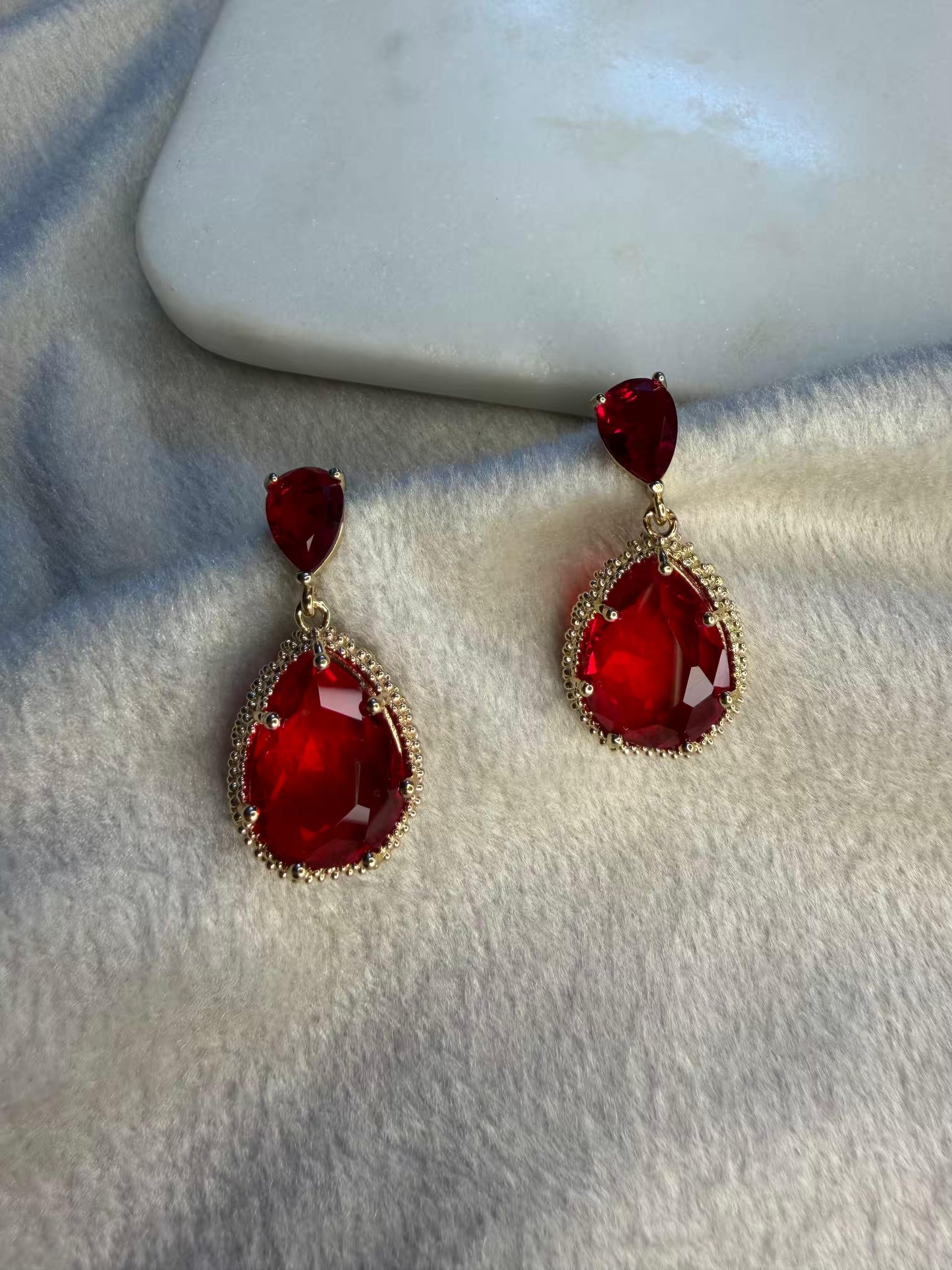 Red Drop Stud Gold Plated Earrings