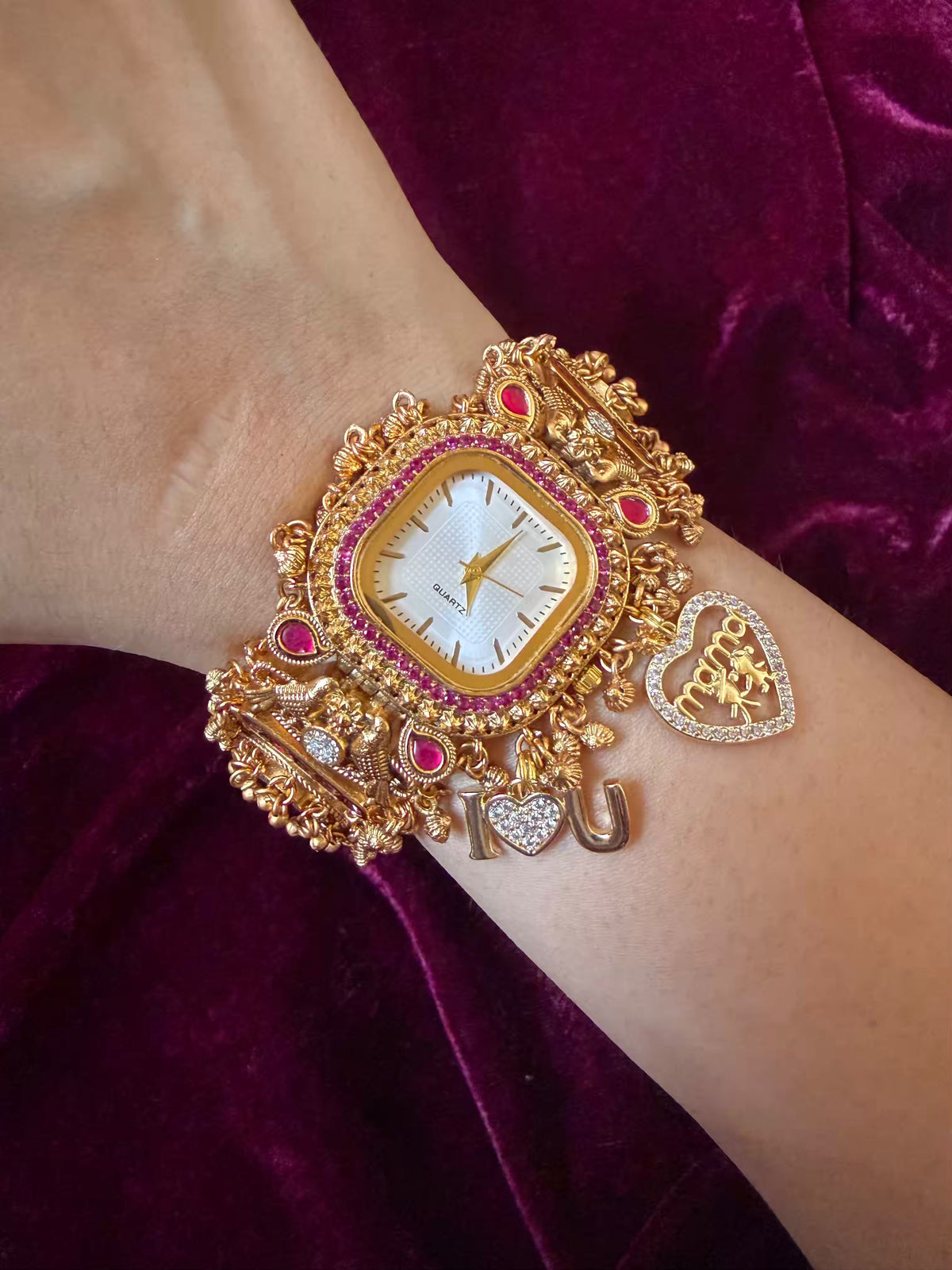 I  Love You Maharani Square Dial Heritage Watch Bracelet in Premium Swarovski – Gold & Ruby Pink
