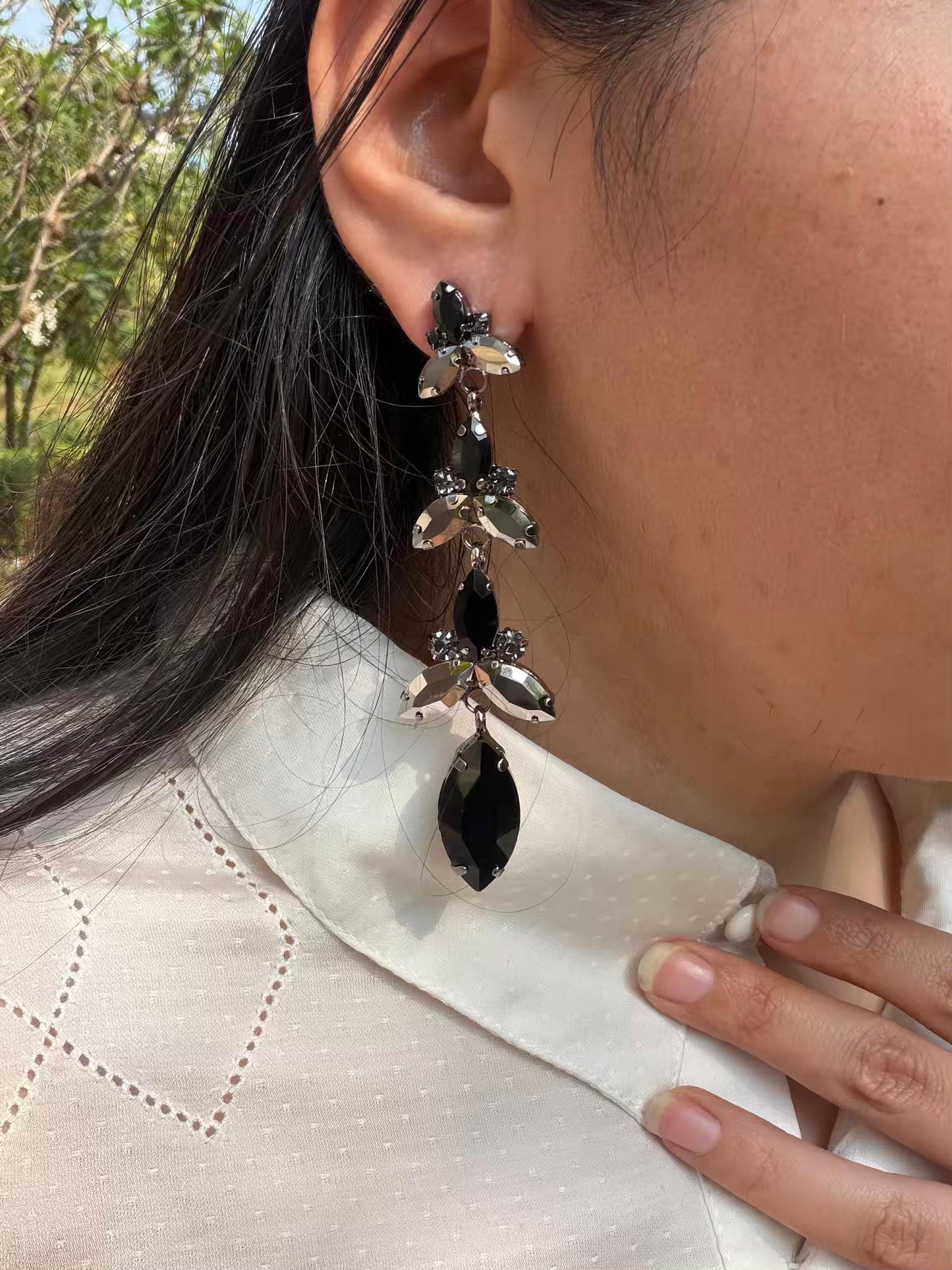 Black And Golden Triangle Long Gold Plated Earrings