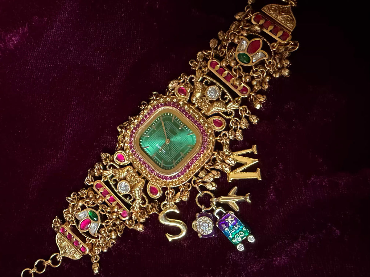 Emerald Green Stone Pink Halo Square Dial Maharani Watch Bracelet