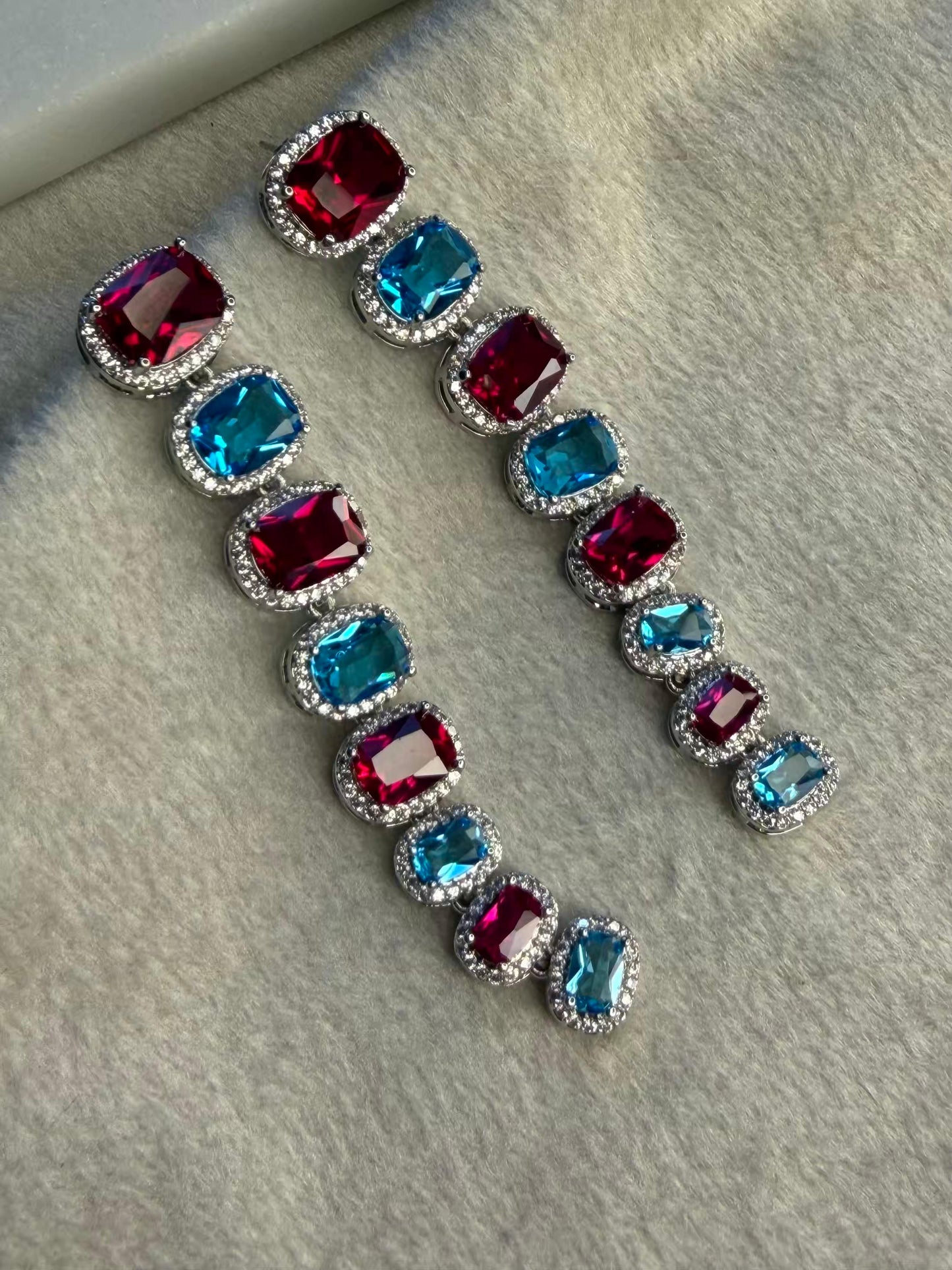 Red and Aqua Stones Luxury Party Wedding Rhodium Silver Plating Earrings