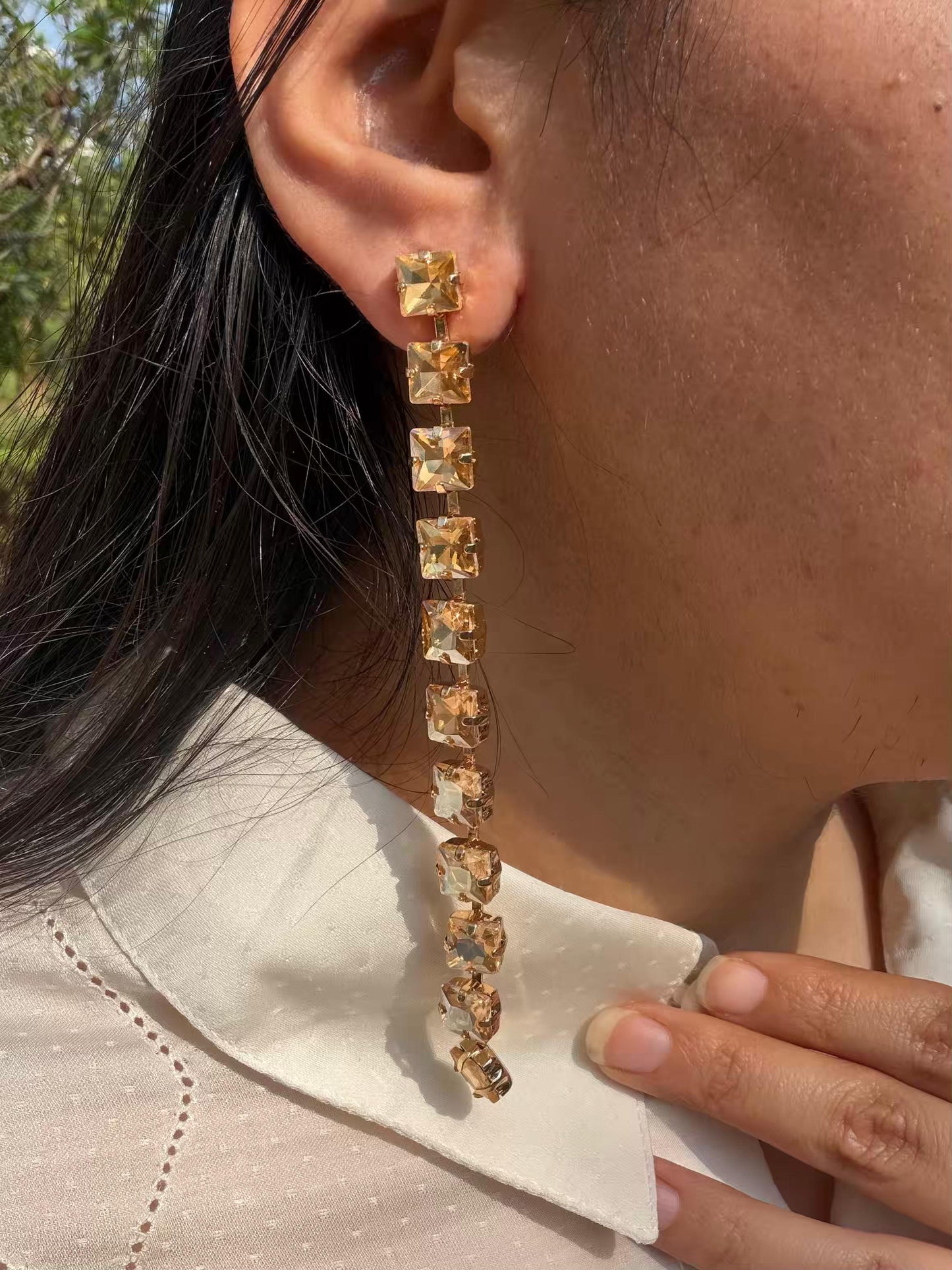 Square Shaped Golden Long Gold Plated Earrings