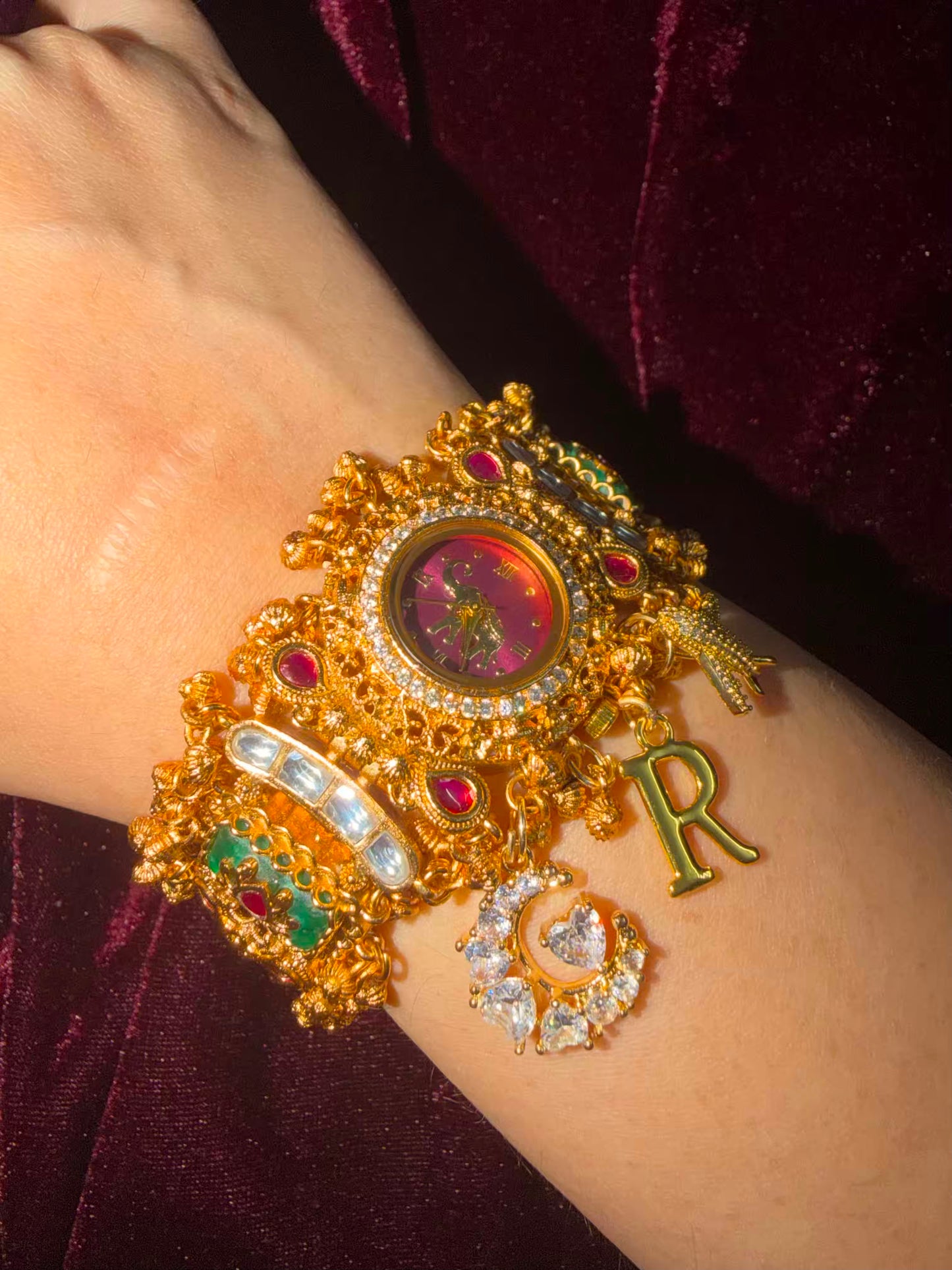 Moon Airplane Heritage Meenakari Watch Rakhi in Premium Swarovski (Free Initial)