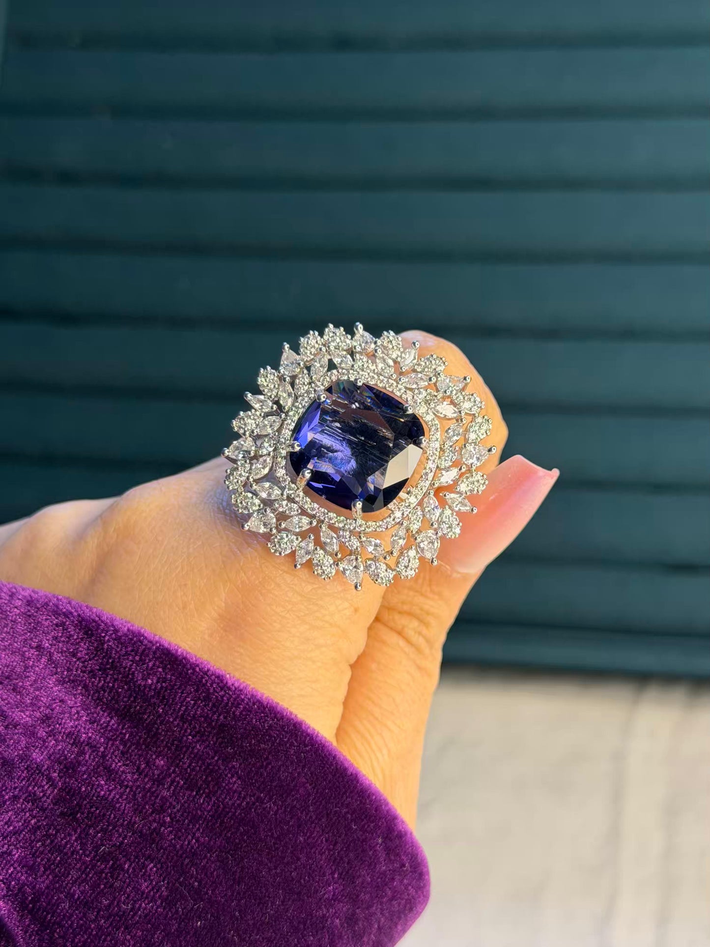 Purple Crystal Petals Edge Silver Plated Premium Ring (Adjustable)