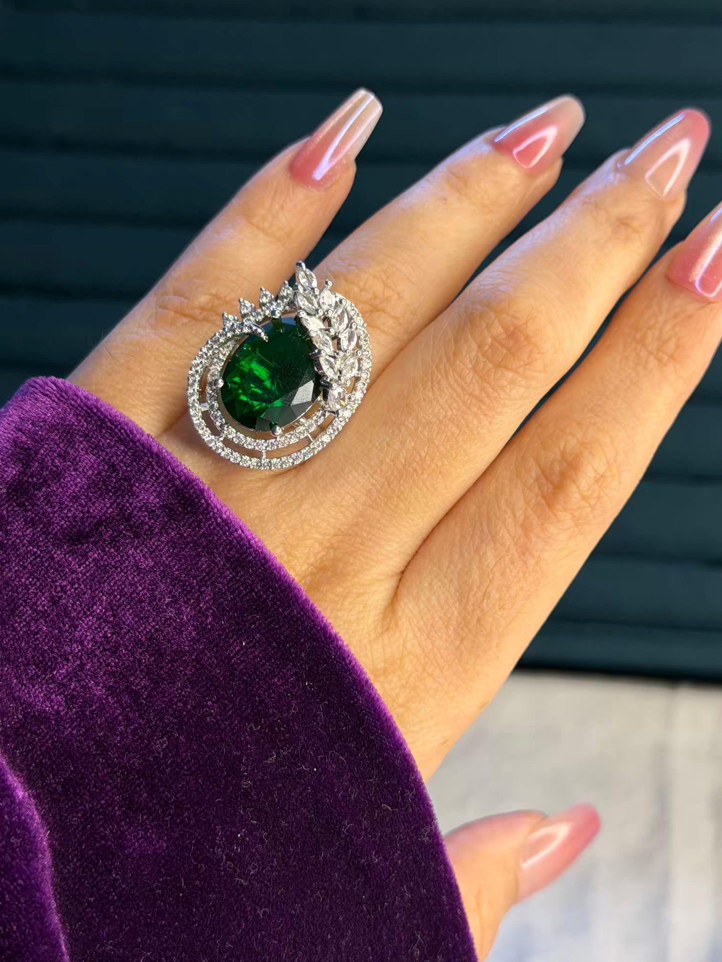 Emerald Orbit Royale Silver Plated Premium Ring (Adjustable)