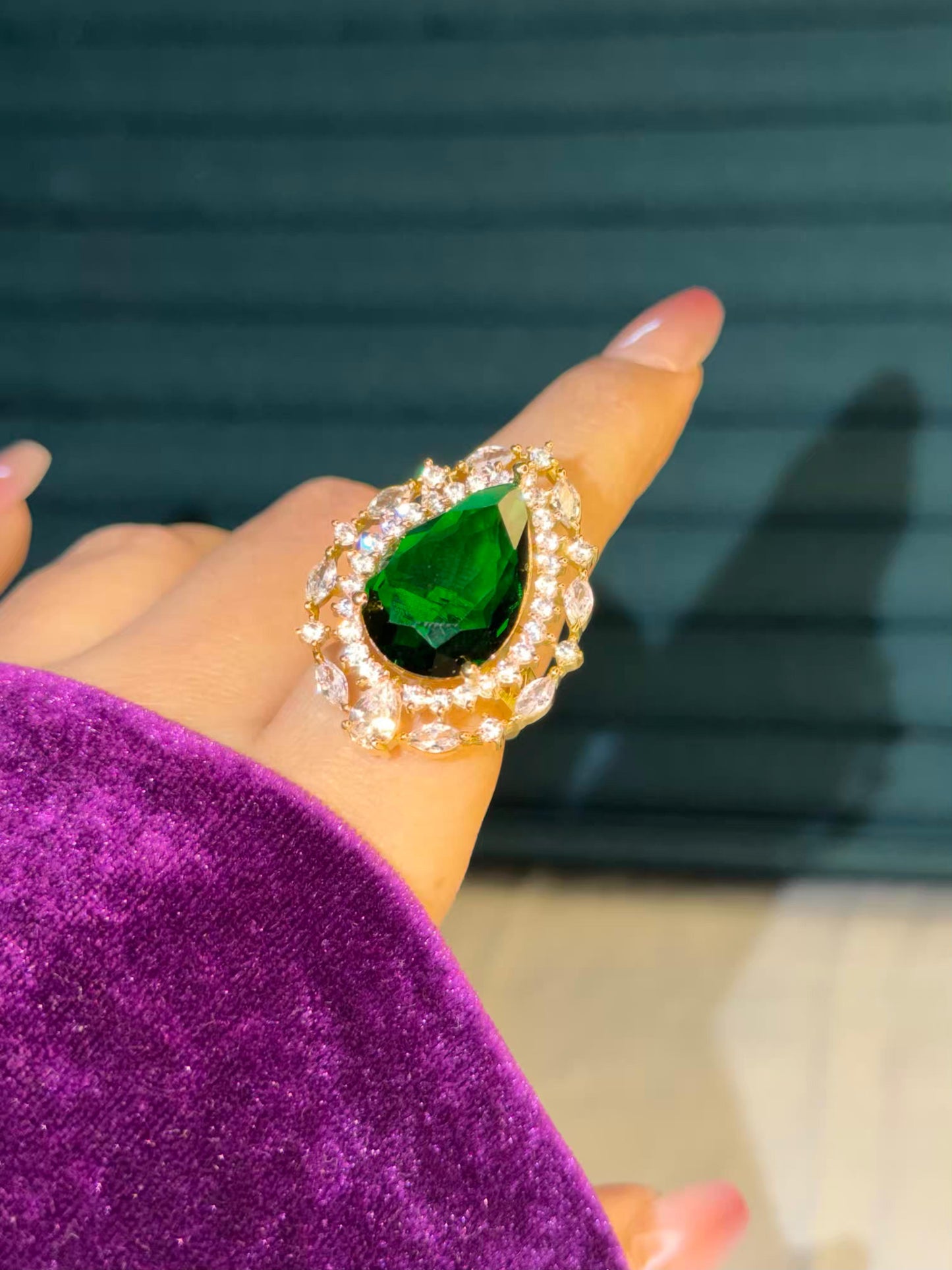 Emerald Green Stone Diamond Edge Gold Plated Premium Ring (Adjustable)