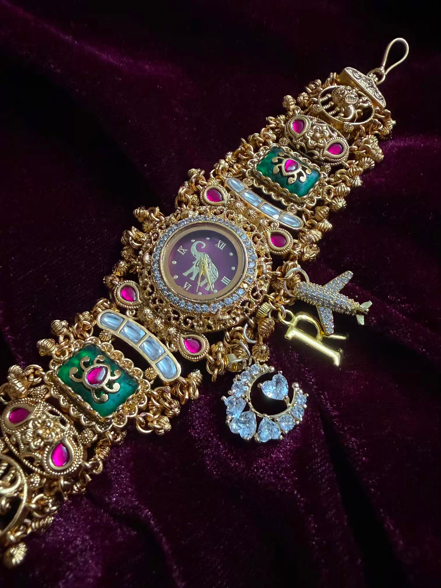 Moon Airplane Heritage Meenakari Watch Rakhi in Premium Swarovski (Free Initial)
