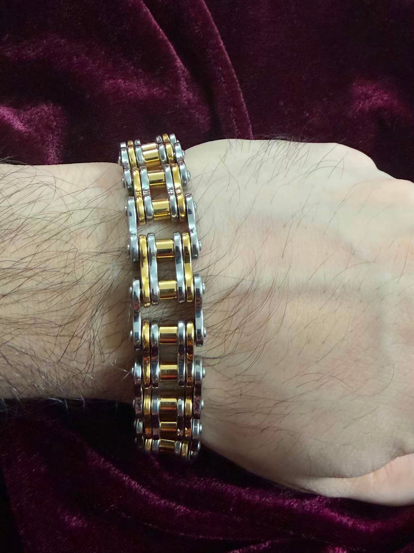 Premium Dual-Tone Silver & Gold Roller Motorcycle Chain Men's Rakhi Bracelet