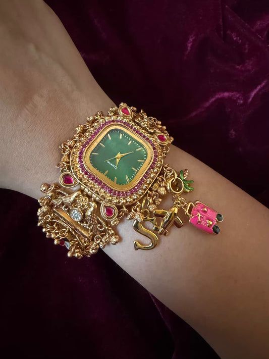 Emerald Royale Pineapple Charm Dial Maharani Watch Bracelet – Gold & Ruby Pink