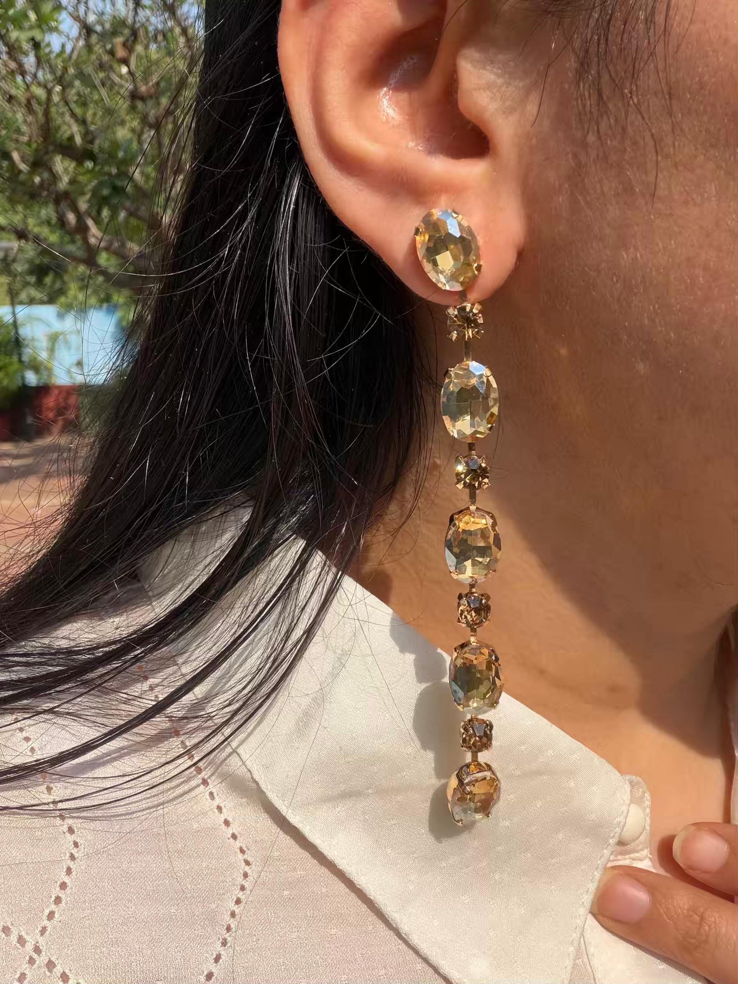 Golden Colour Stones Long Gold Plated Earrings